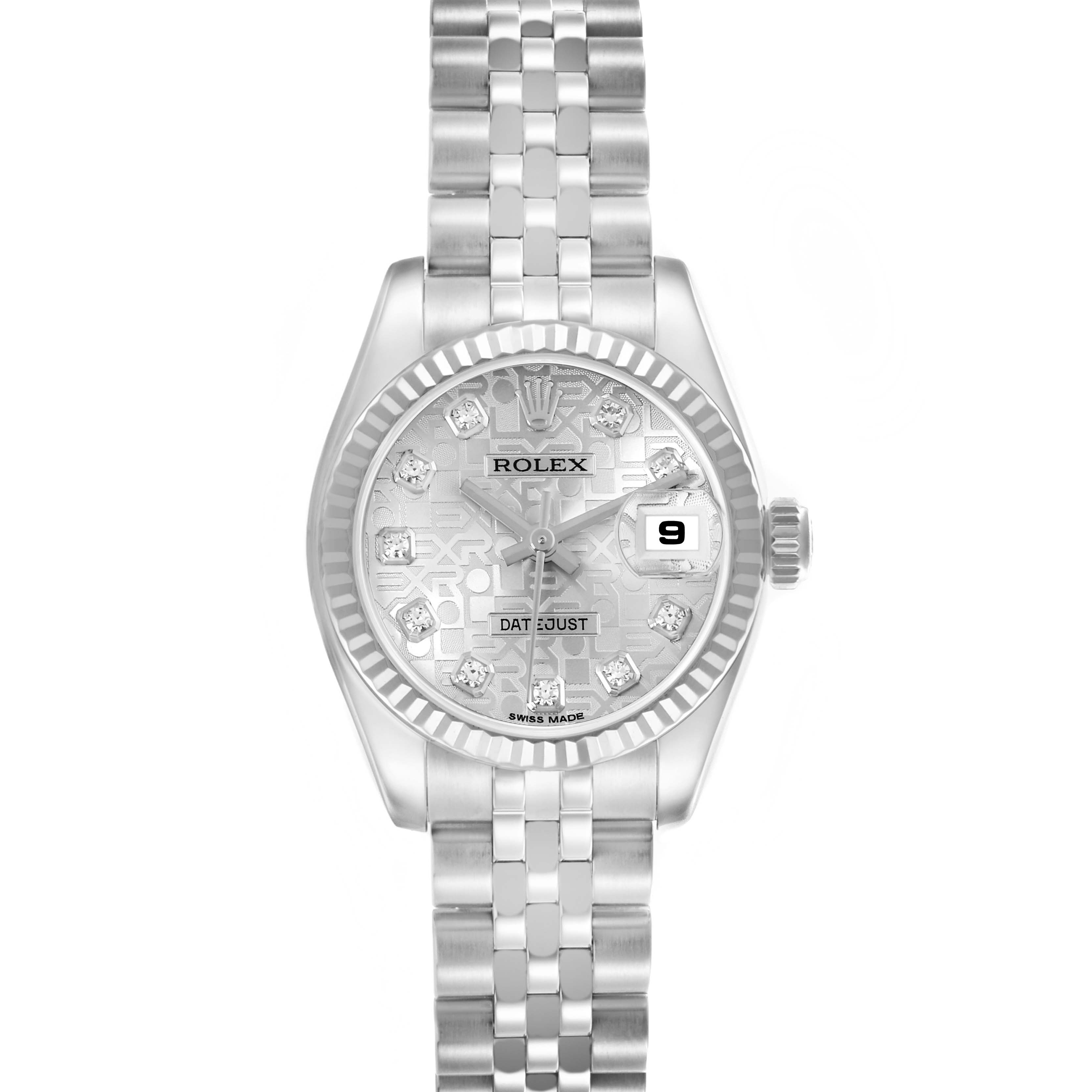 The Rolex Datejust 179174 Women
s Stainless Steel Silver Dial 179174 Women
s Stainless Steel Silver Dial watch is shown from a top-down angle, displaying the face, bezel, and bracelet.
