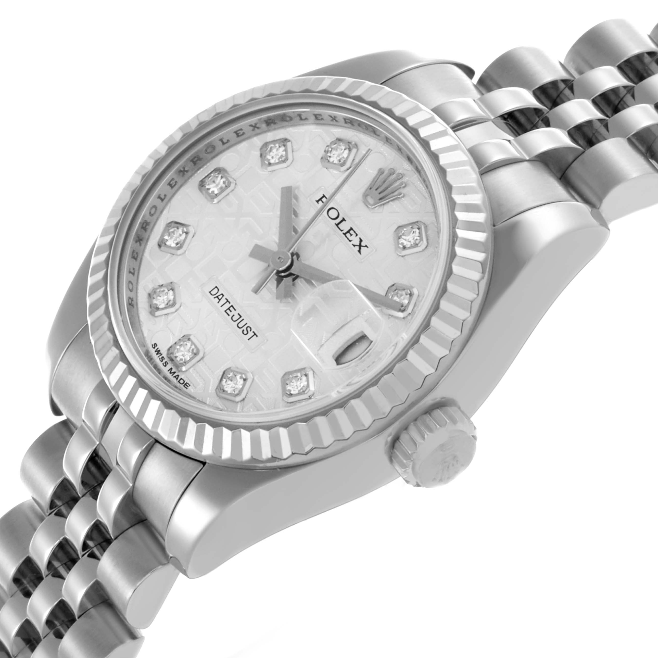 The image shows a side angle of the Rolex Datejust 179174 Women
s Stainless Steel Silver Dial 179174 Women
s Stainless Steel Silver Dial, highlighting the dial, bezel, crown, and bracelet.