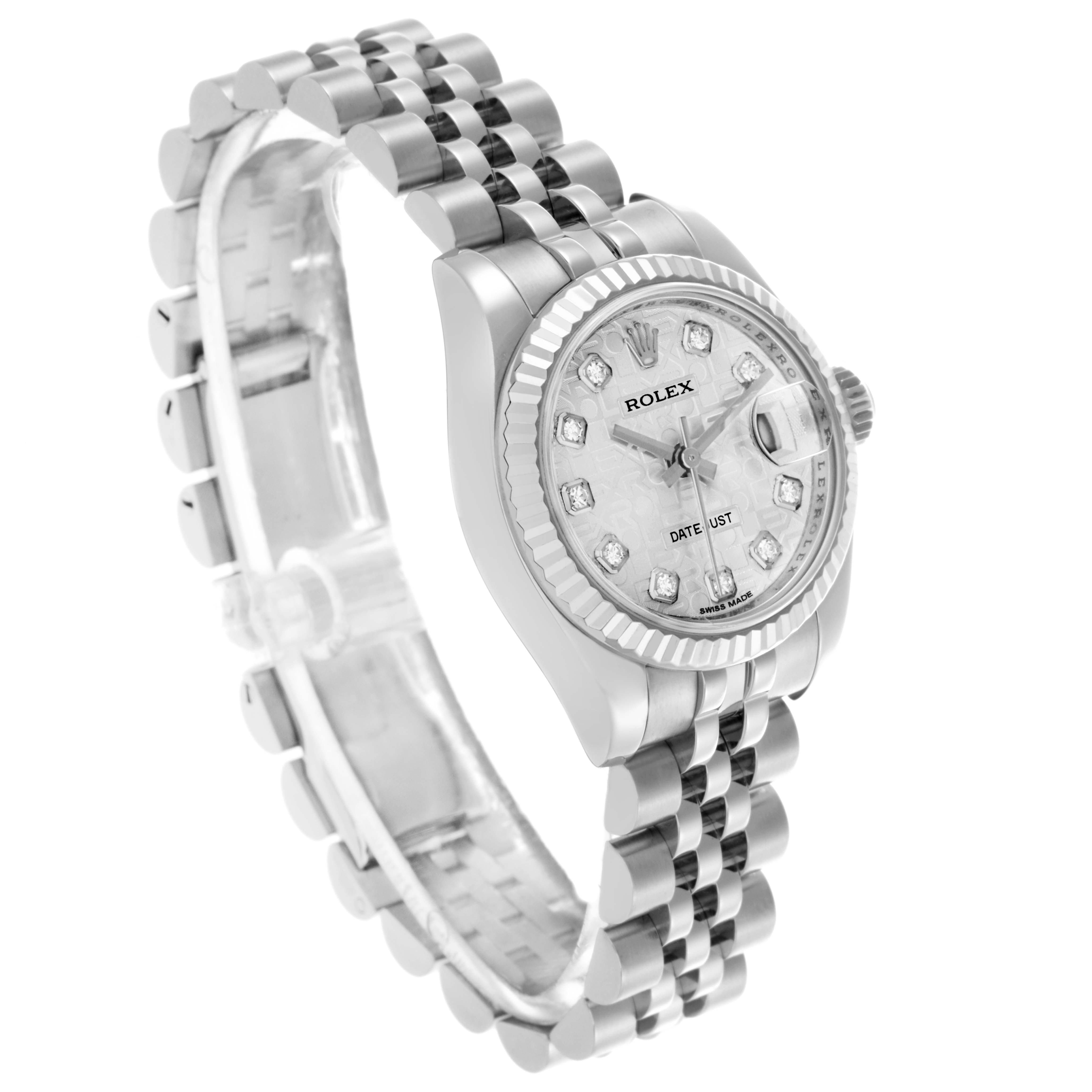 The Rolex Datejust 179174 Women
s Stainless Steel Silver Dial 179174 Women
s Stainless Steel Silver Dial watch is shown at an angle highlighting the dial, fluted bezel, and Jubilee bracelet.