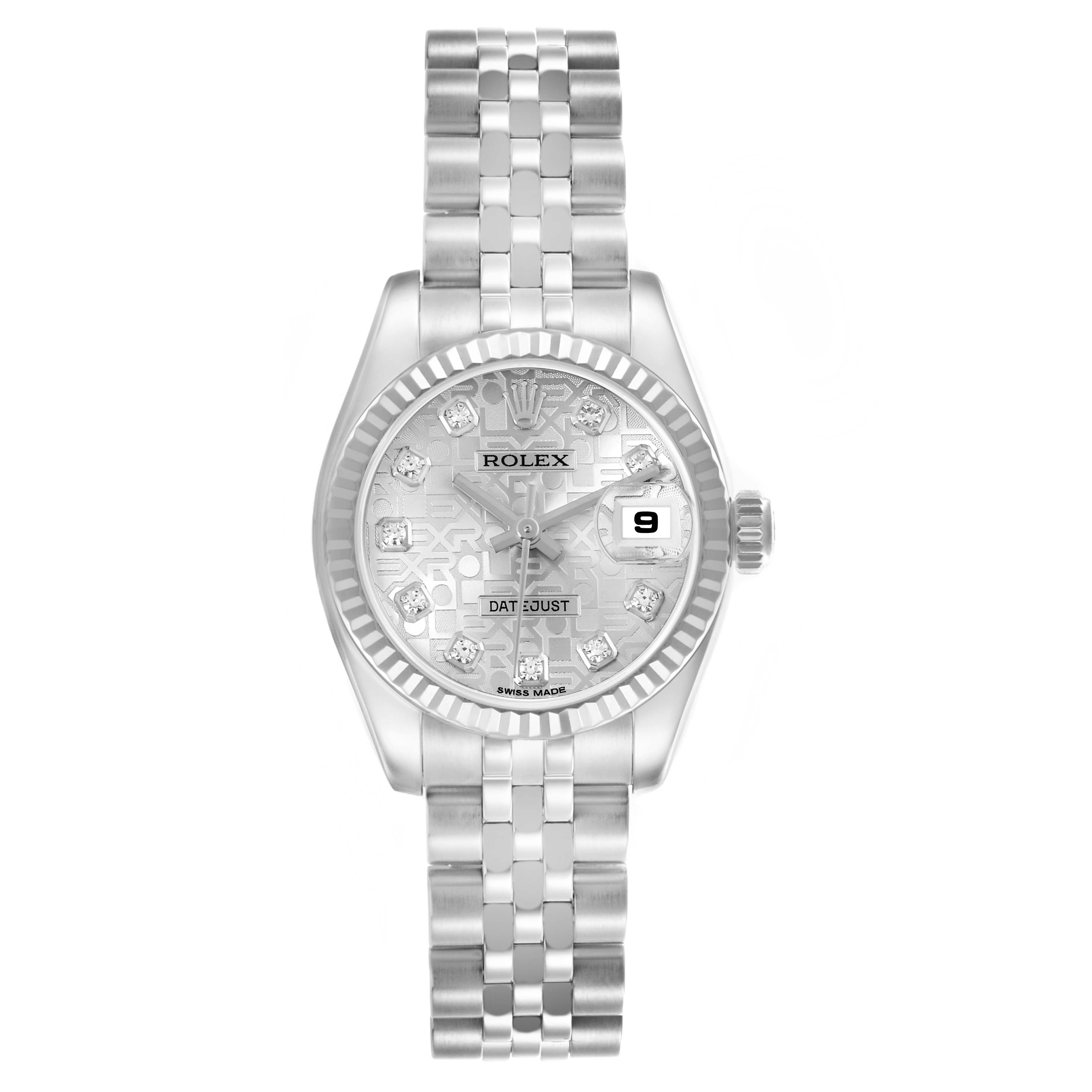 The Rolex Datejust 179174 Women
s Stainless Steel Silver Dial 179174 Women
s Stainless Steel Silver Dial is shown from a top-down angle, displaying the dial, fluted bezel, and Jubilee bracelet.