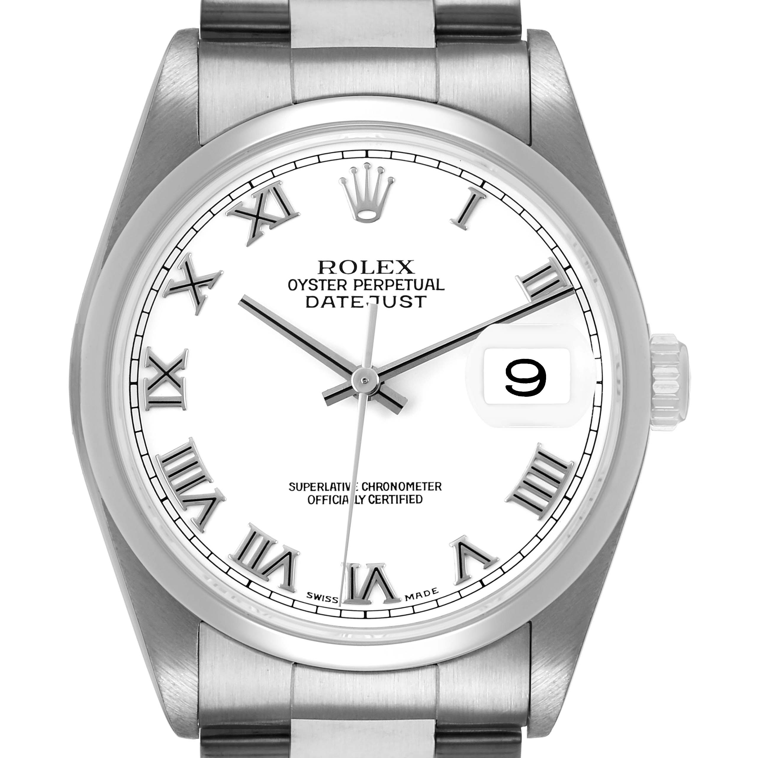 The Rolex Datejust 16200 Men's Stainless Steel White Dial watch is shown from the front, displaying the dial, bezel, bracelet, and date window.
