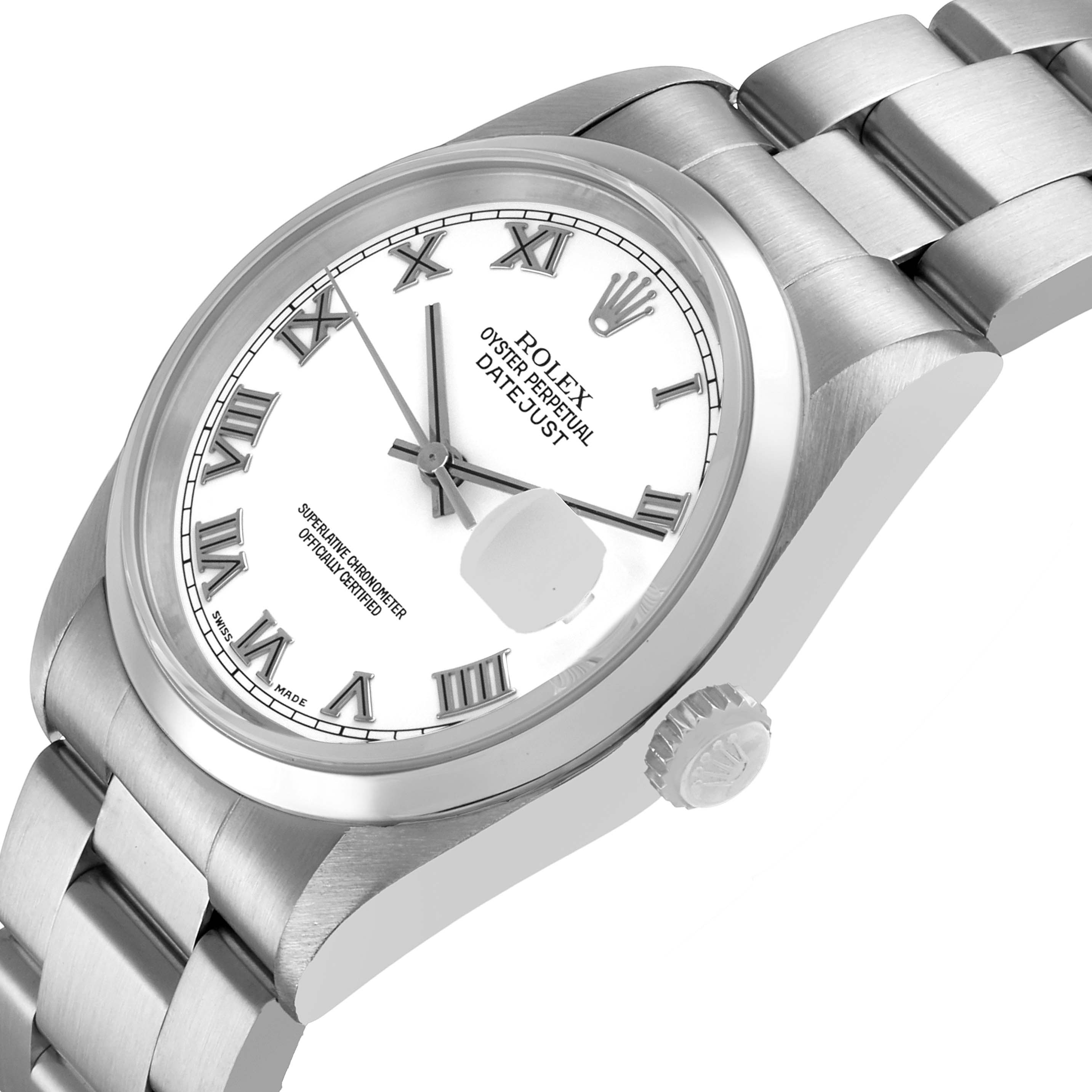 The Rolex Datejust 16200 Men's Stainless Steel White Dial watch is shown at an angle highlighting the dial, bezel, crown, and bracelet.