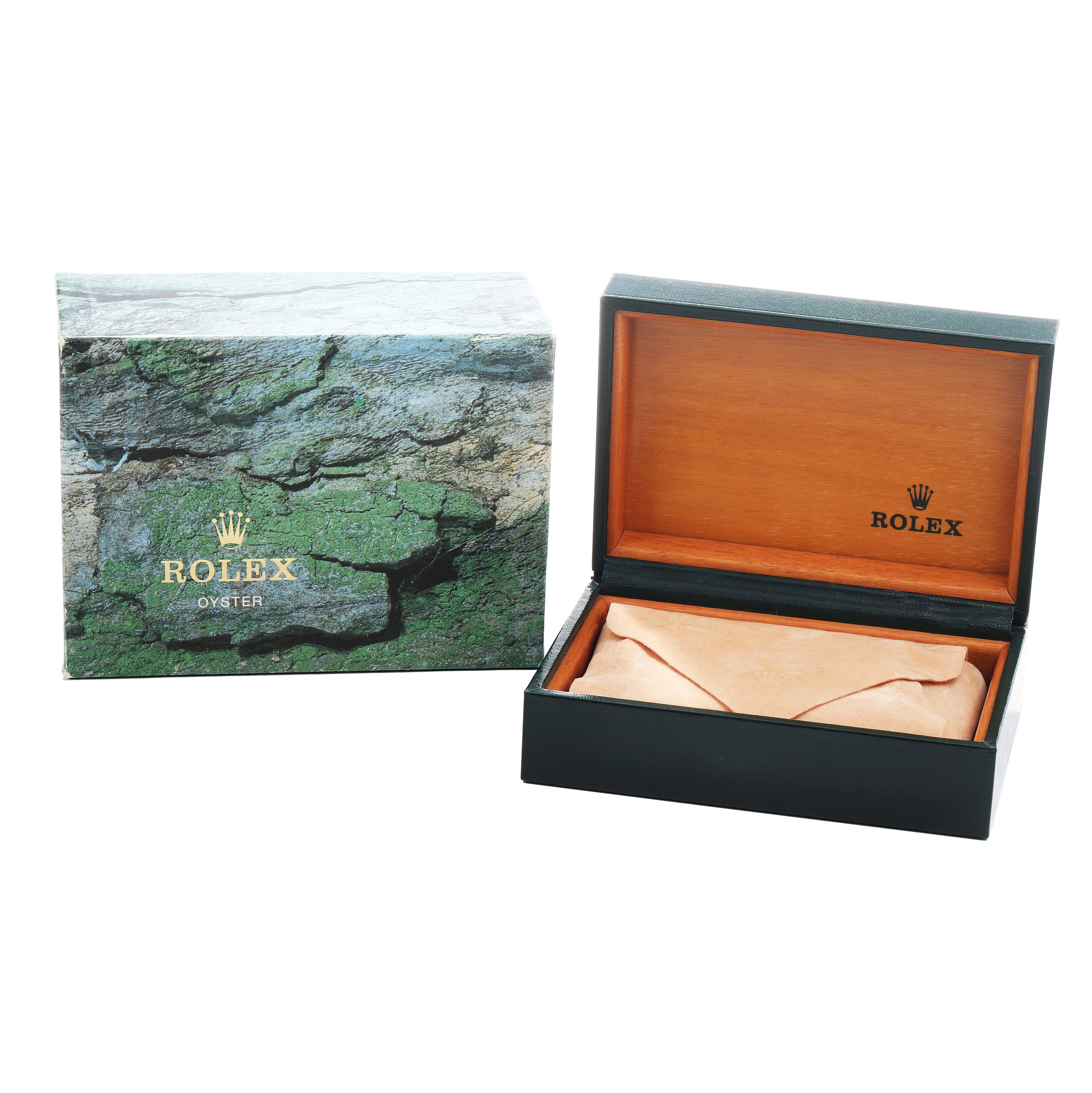 The image shows a Rolex Datejust 16200 Men's Stainless Steel White Dial box set with an open wooden inner box and a closed outer box featuring the Rolex logo.