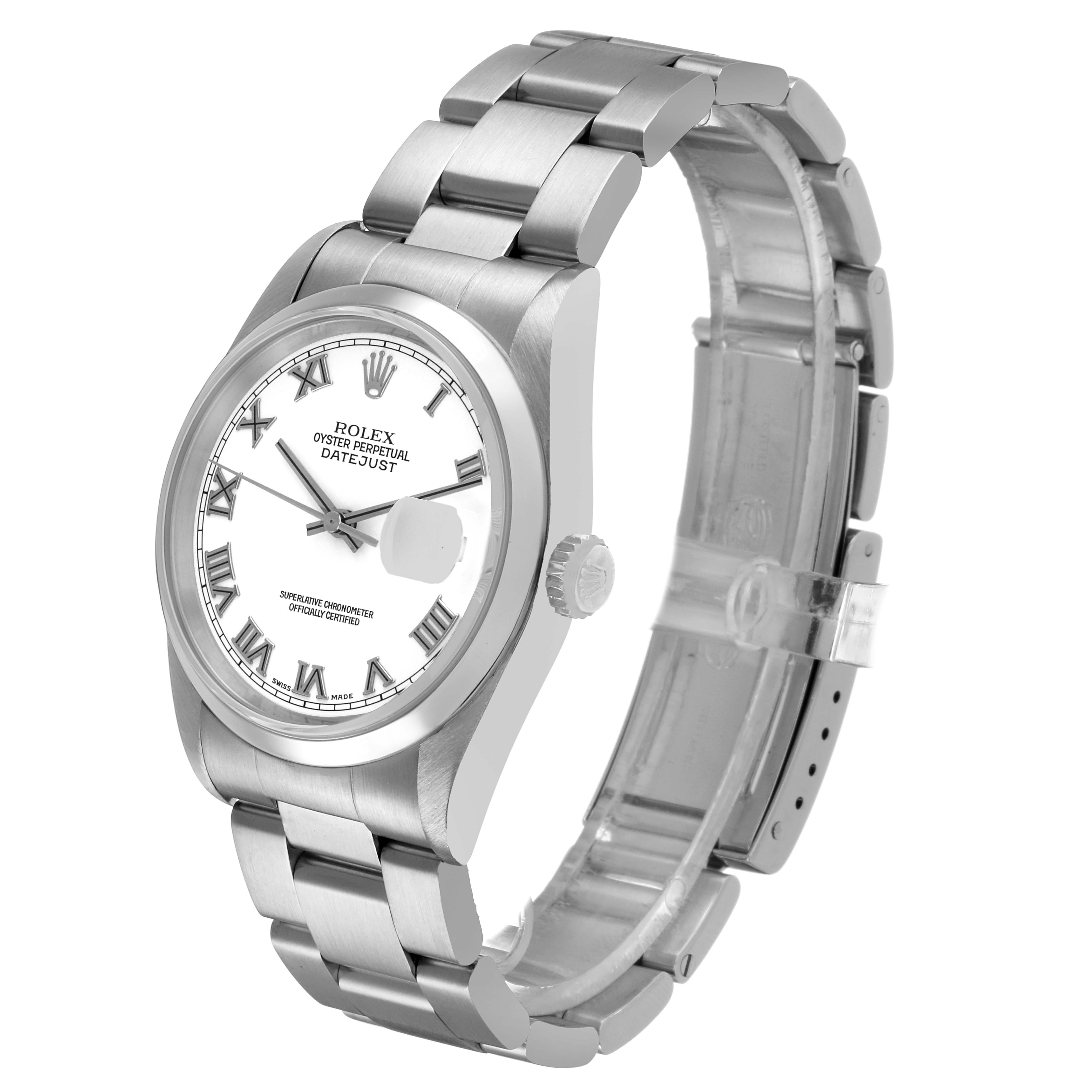 The Rolex Datejust 16200 Men's Stainless Steel White Dial watch is shown at a three-quarter angle, displaying the face, bezel, crown, and partially open bracelet.