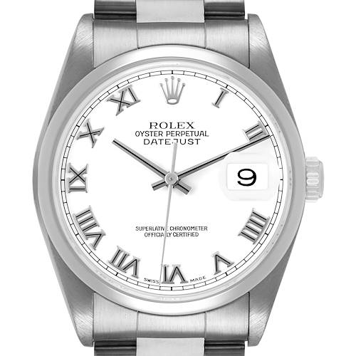The Rolex Datejust 16200 Men's Stainless Steel White Dial watch is shown from a front angle, displaying the dial with Roman numerals, hands, date, and crown.