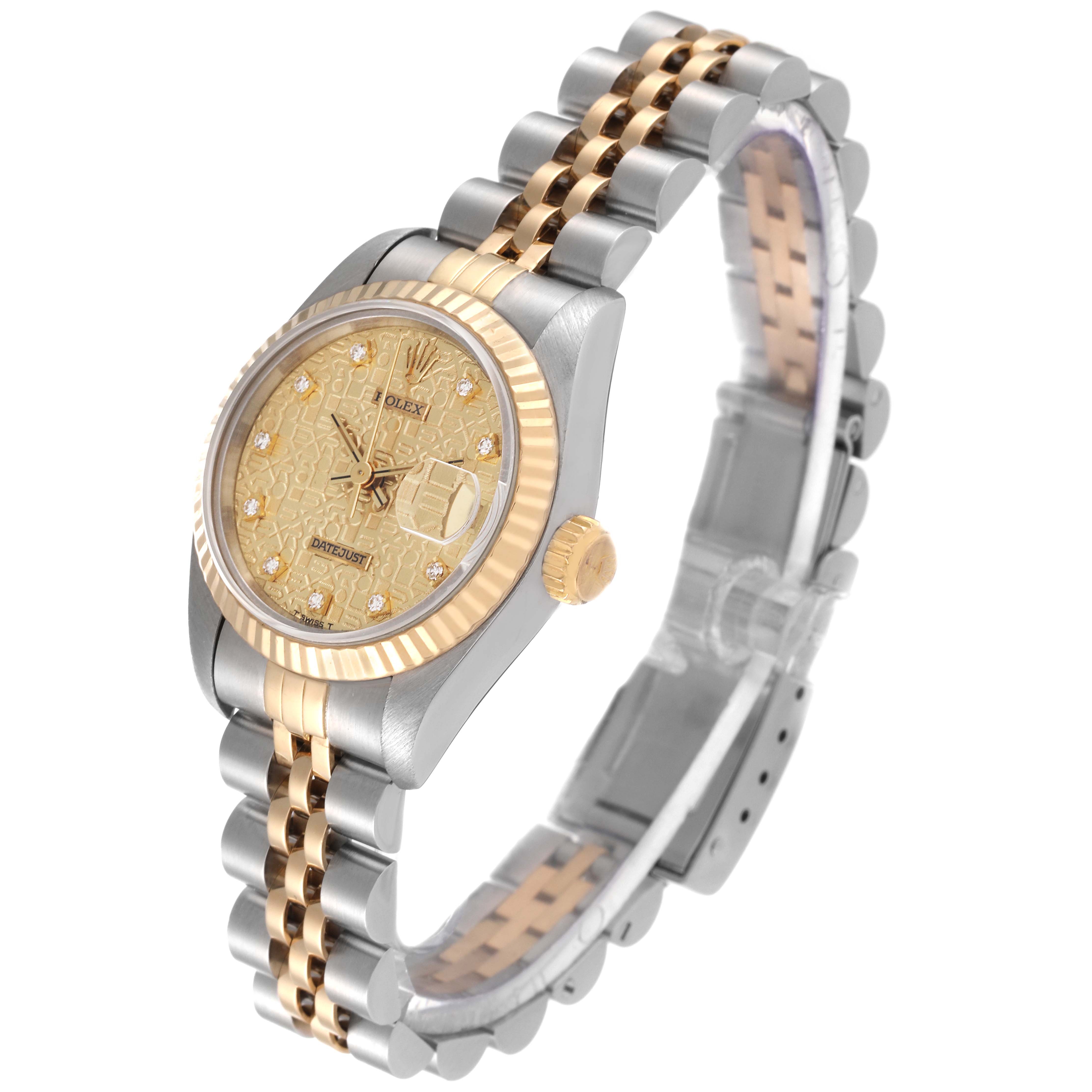 This Rolex Datejust 69173 Women's Steel and Gold (two tone) Champagne Dial 69173 Women's Steel and Gold (two tone) Champagne Dial watch is shown at an angled side view, highlighting its gold and silver bracelet, bezel, and textured dial.