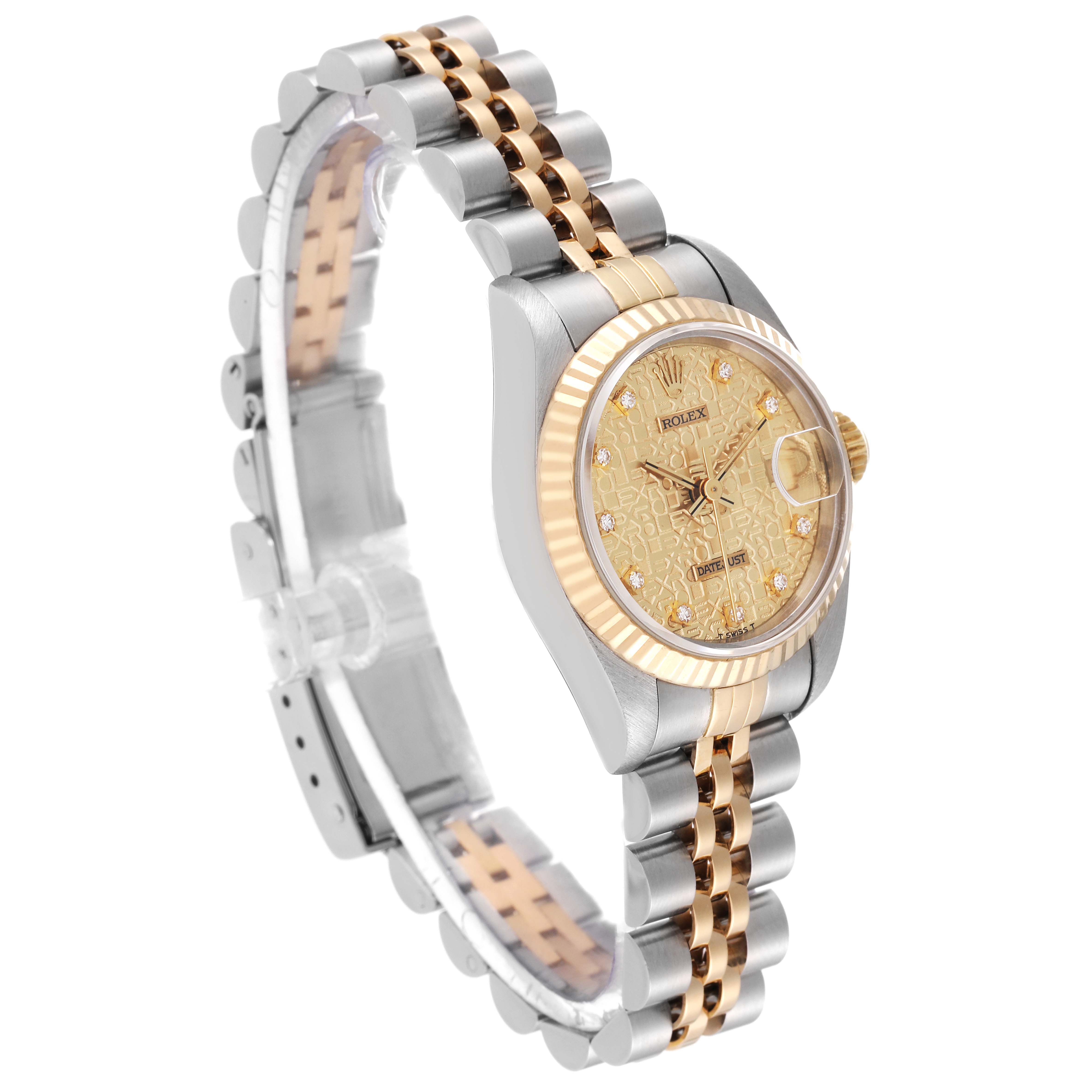 The image shows a side angle of a Rolex Datejust 69173 Women's Steel and Gold (two tone) Champagne Dial 69173 Women's Steel and Gold (two tone) Champagne Dial watch, highlighting its gold dial, jubilee bracelet, and fluted bezel.