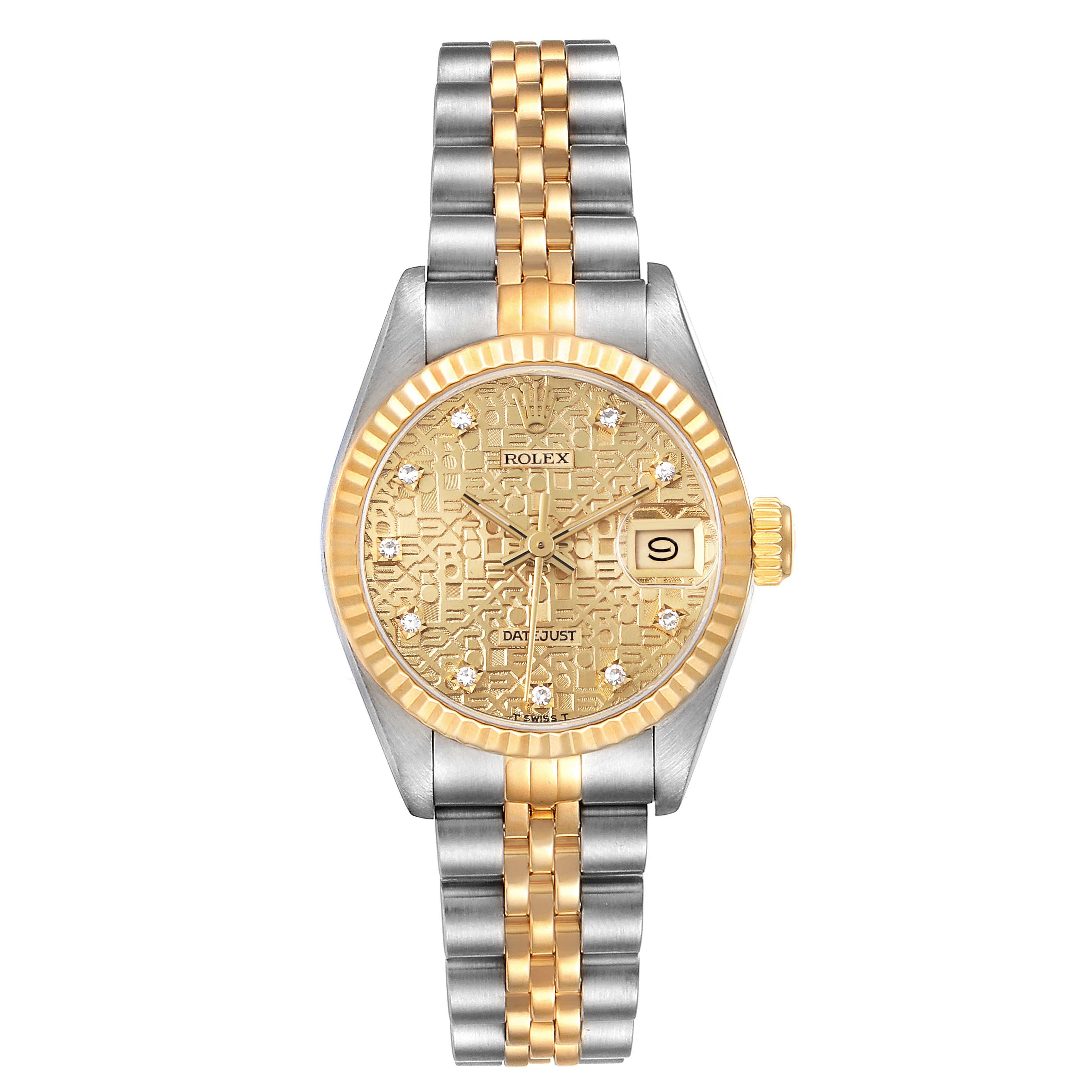 This is a front view of the Rolex Datejust 69173 Women's Steel and Gold (two tone) Champagne Dial 69173 Women's Steel and Gold (two tone) Champagne Dial watch showing the full face, bezel, and bracelet.
