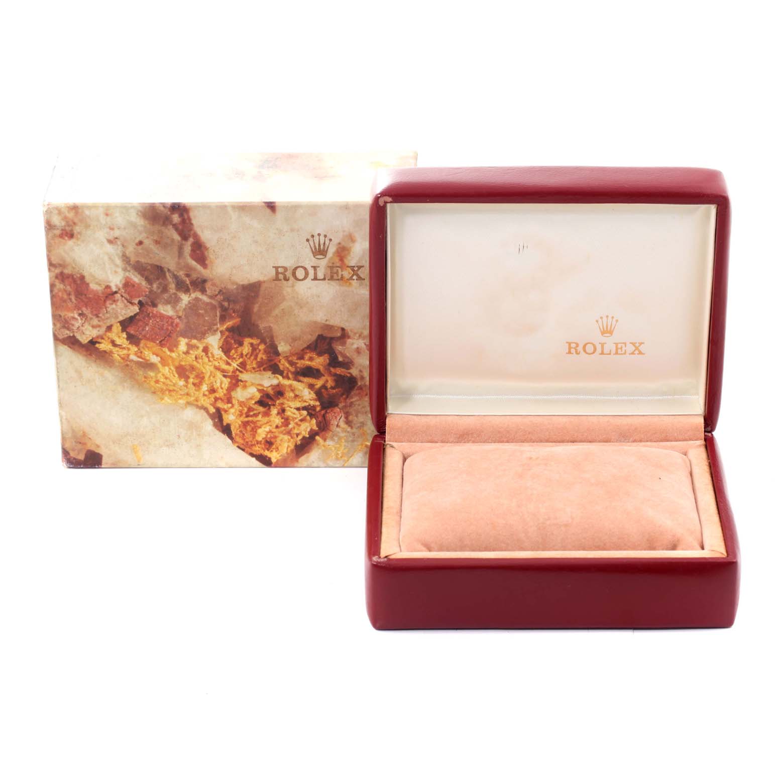 This image features the Rolex Datejust 69173 Women's Steel and Gold (two tone) Champagne Dial 69173 Women's Steel and Gold (two tone) Champagne Dial watch box and outer packaging from a frontal angle.