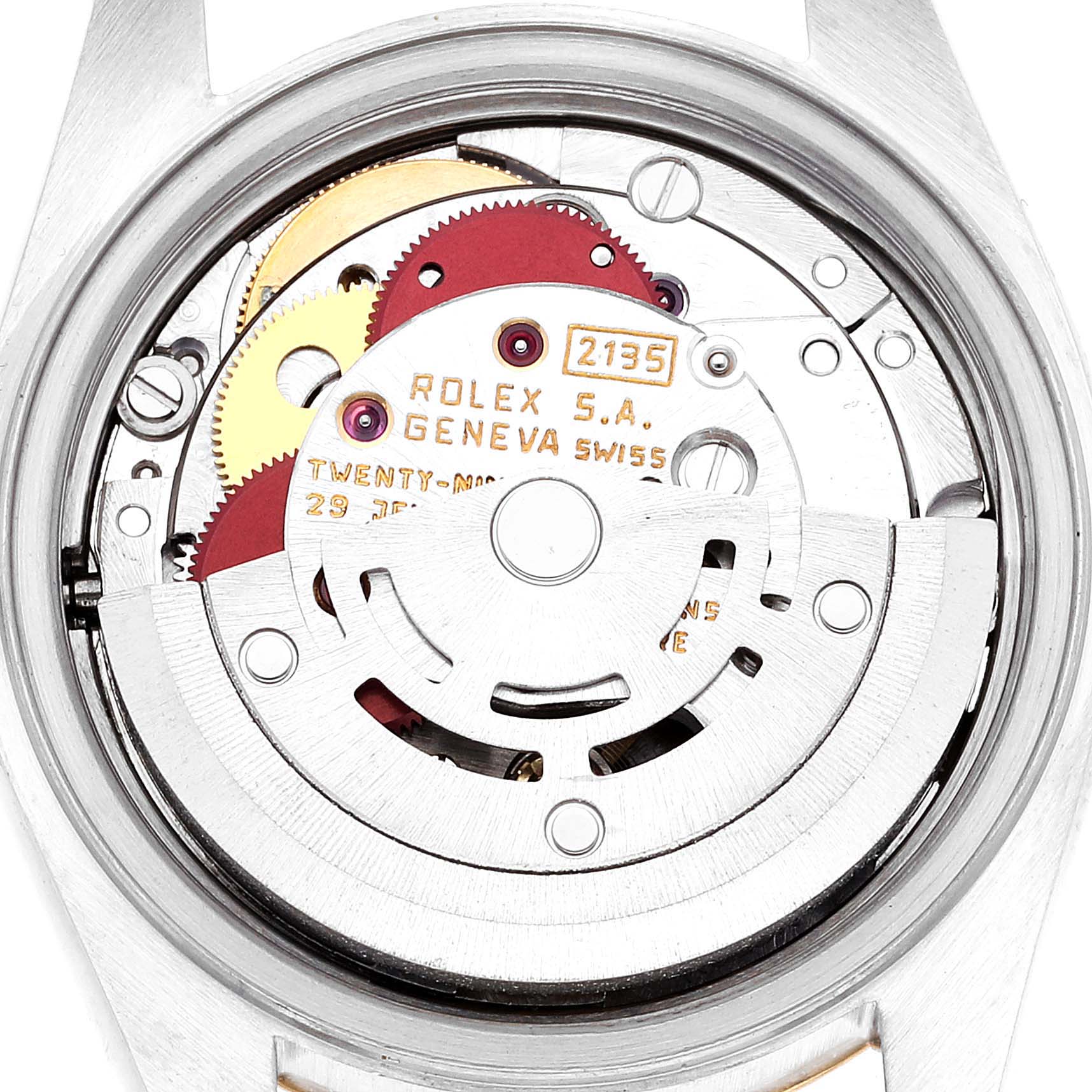 The image shows the inner mechanics and components of a Rolex Datejust 69173 Women's Steel and Gold (two tone) Champagne Dial 69173 Women's Steel and Gold (two tone) Champagne Dial watch from a back angle.