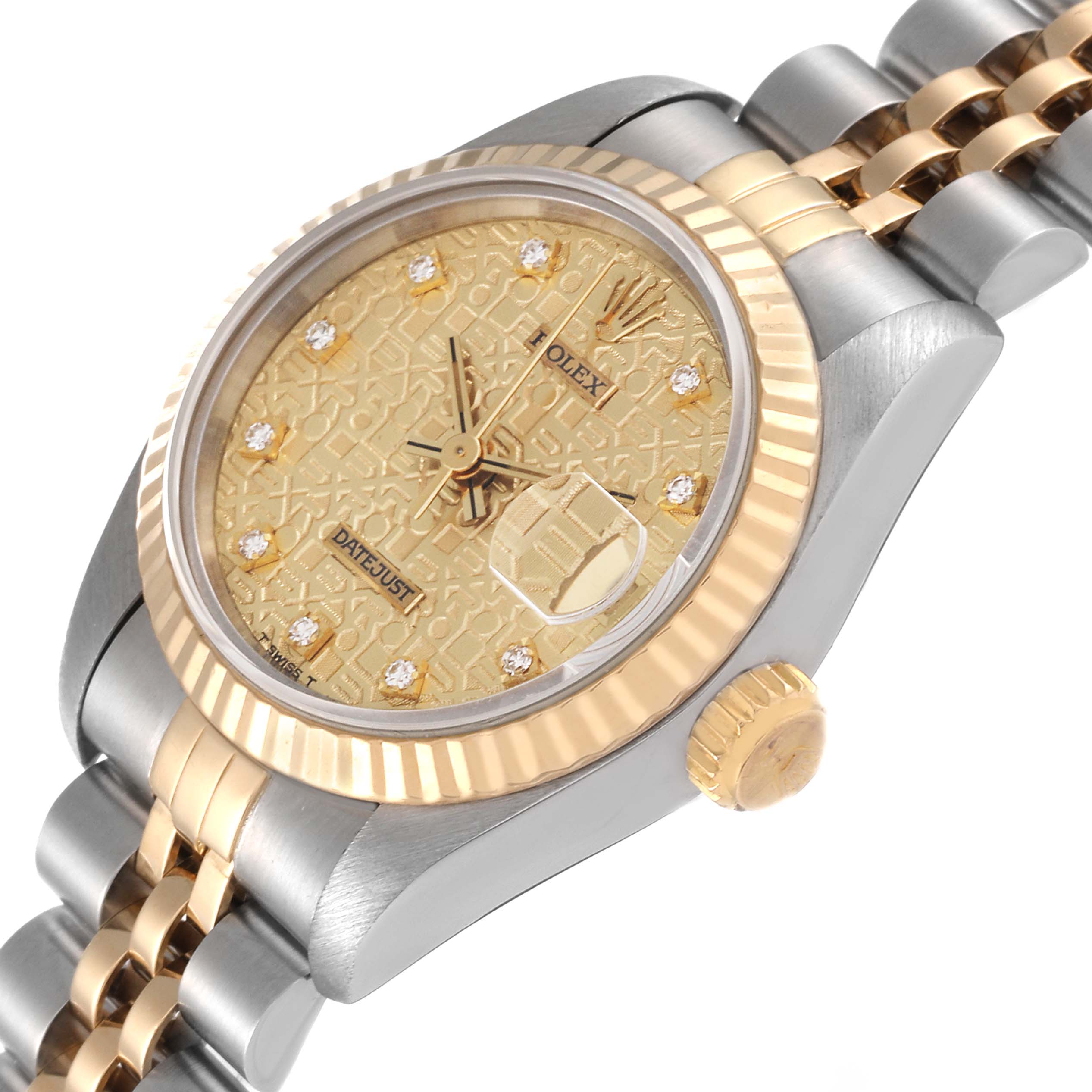 This image shows a close-up angled view of the dial, bezel, crown, and bracelet of a Rolex Datejust 69173 Women's Steel and Gold (two tone) Champagne Dial 69173 Women's Steel and Gold (two tone) Champagne Dial watch.