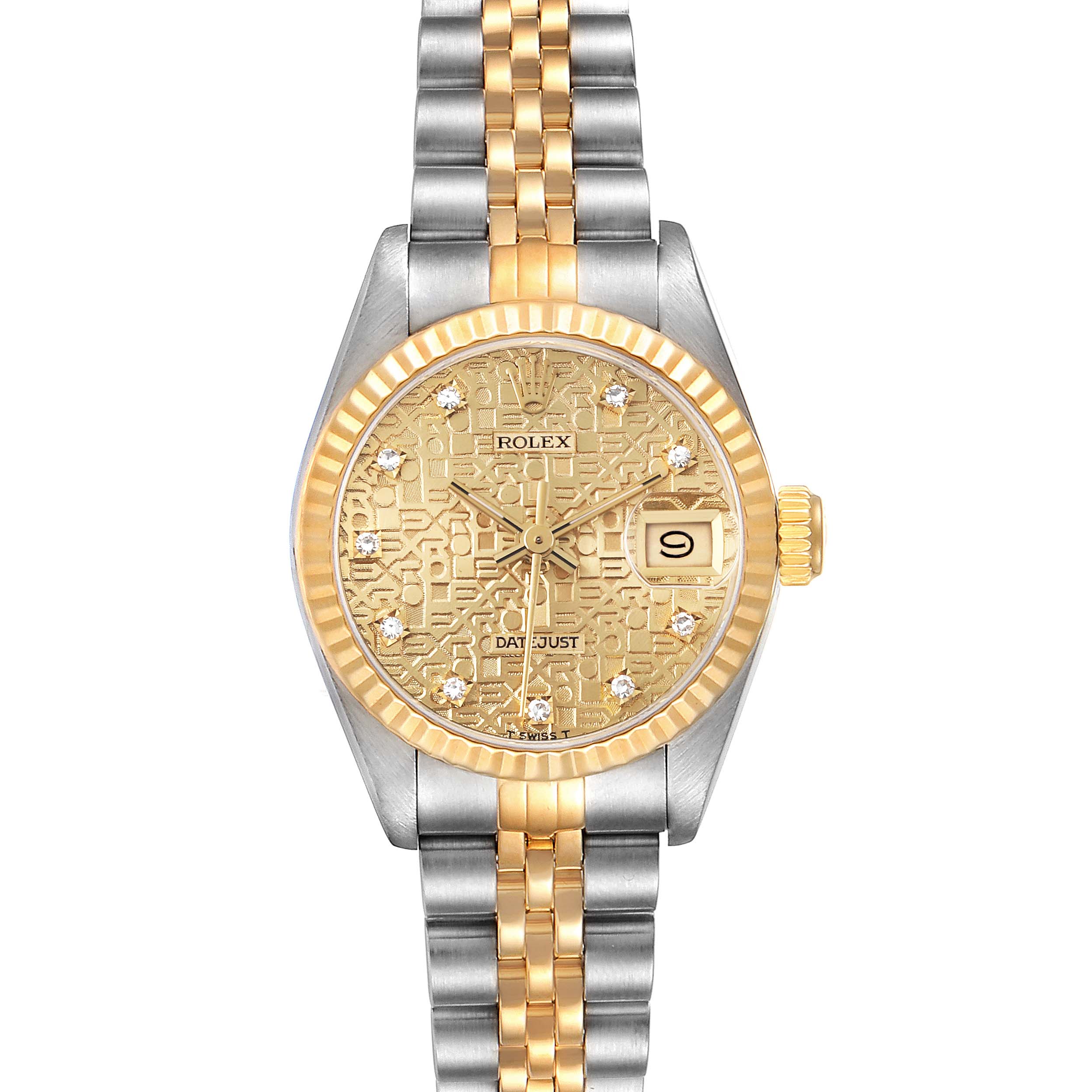 This image shows a front view of the Rolex Datejust 69173 Women's Steel and Gold (two tone) Champagne Dial 69173 Women's Steel and Gold (two tone) Champagne Dial watch, featuring a gold and silver bracelet and a gold textured dial.