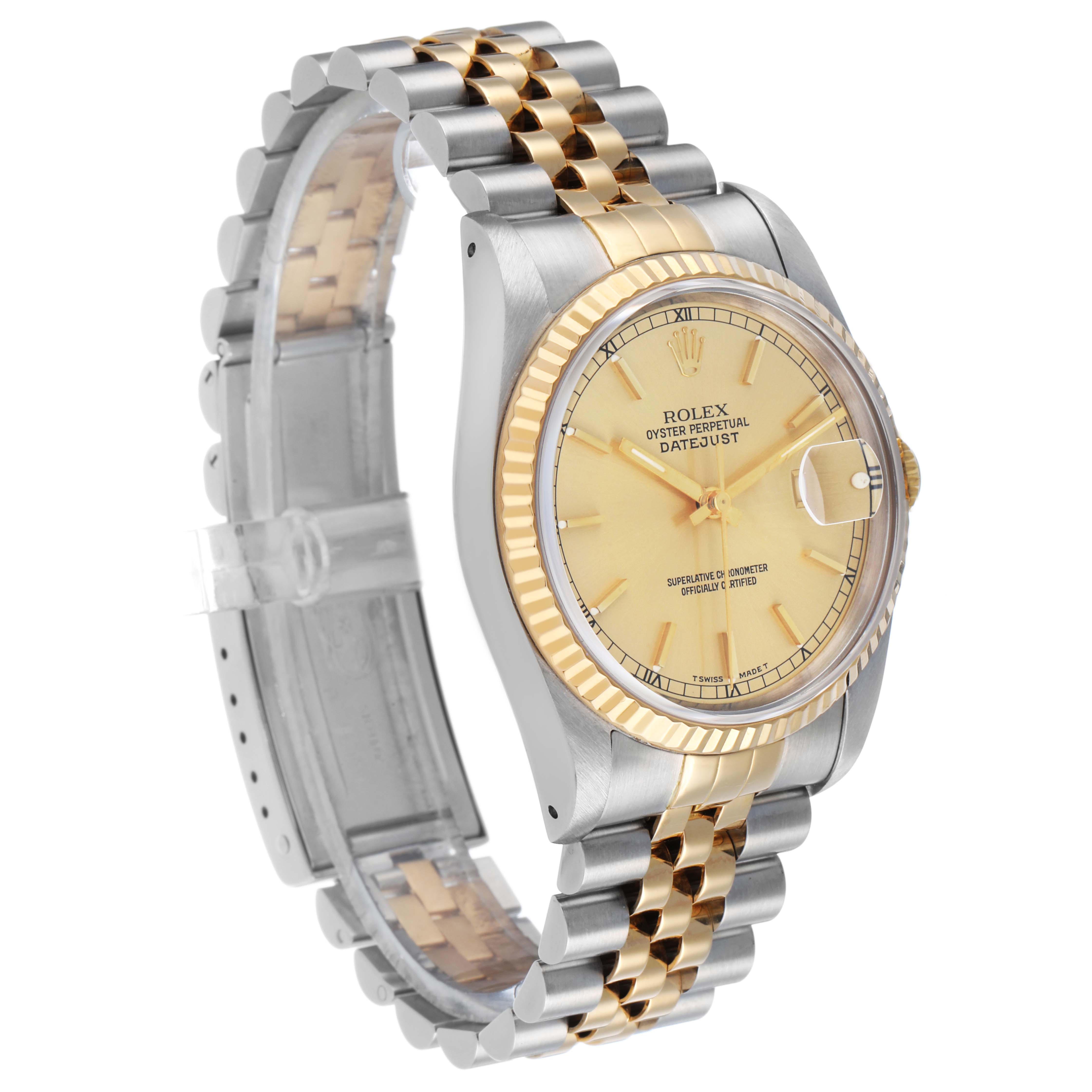 The Rolex Datejust 16233 Men's Steel and Gold (two tone) Champagne Dial watch is shown at a three-quarter angle, displaying the dial, bezel, and part of the bracelet.