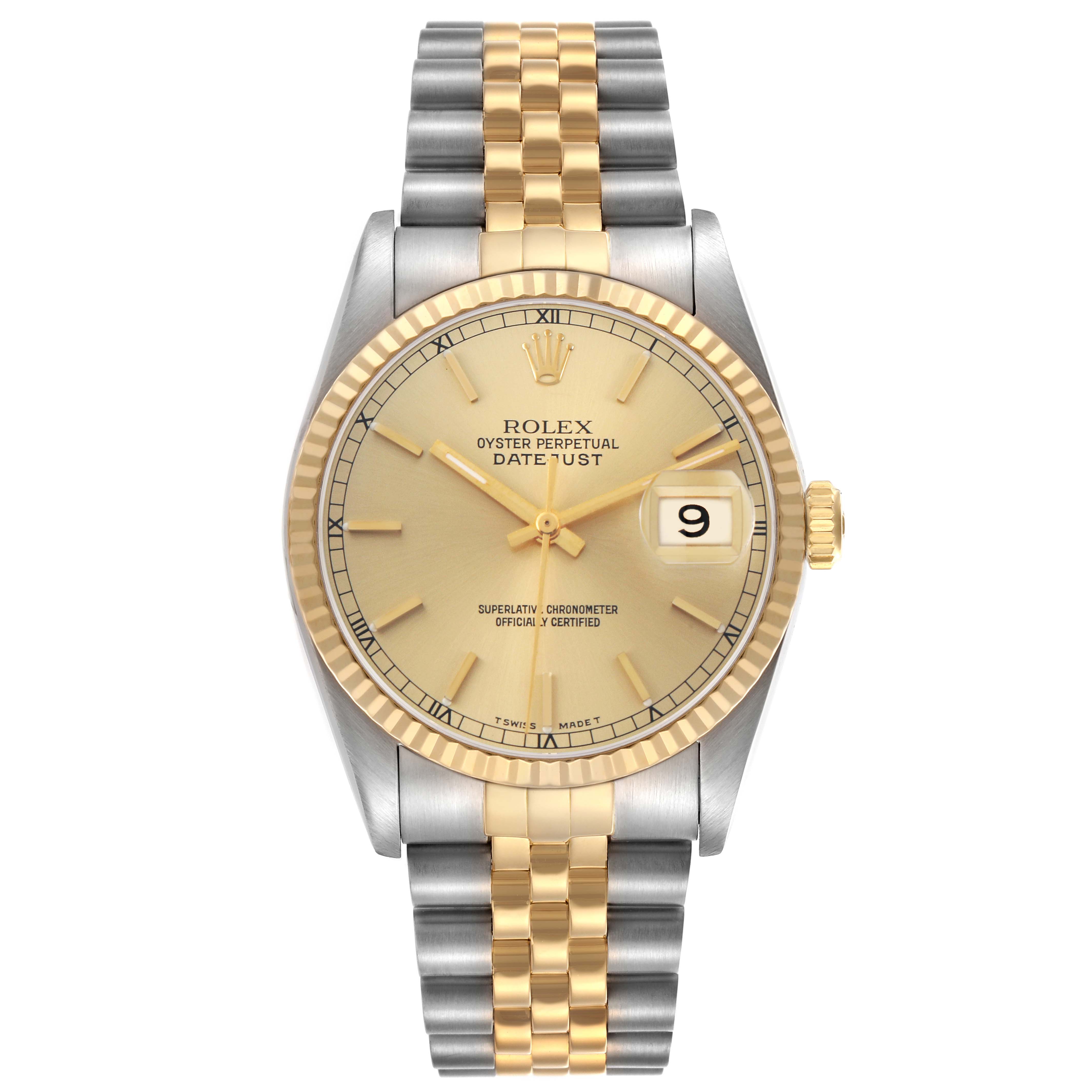 The Rolex Datejust 16233 Men's Steel and Gold (two tone) Champagne Dial watch is shown from a front angle, displaying the dial, bezel, crown, and two-tone bracelet.