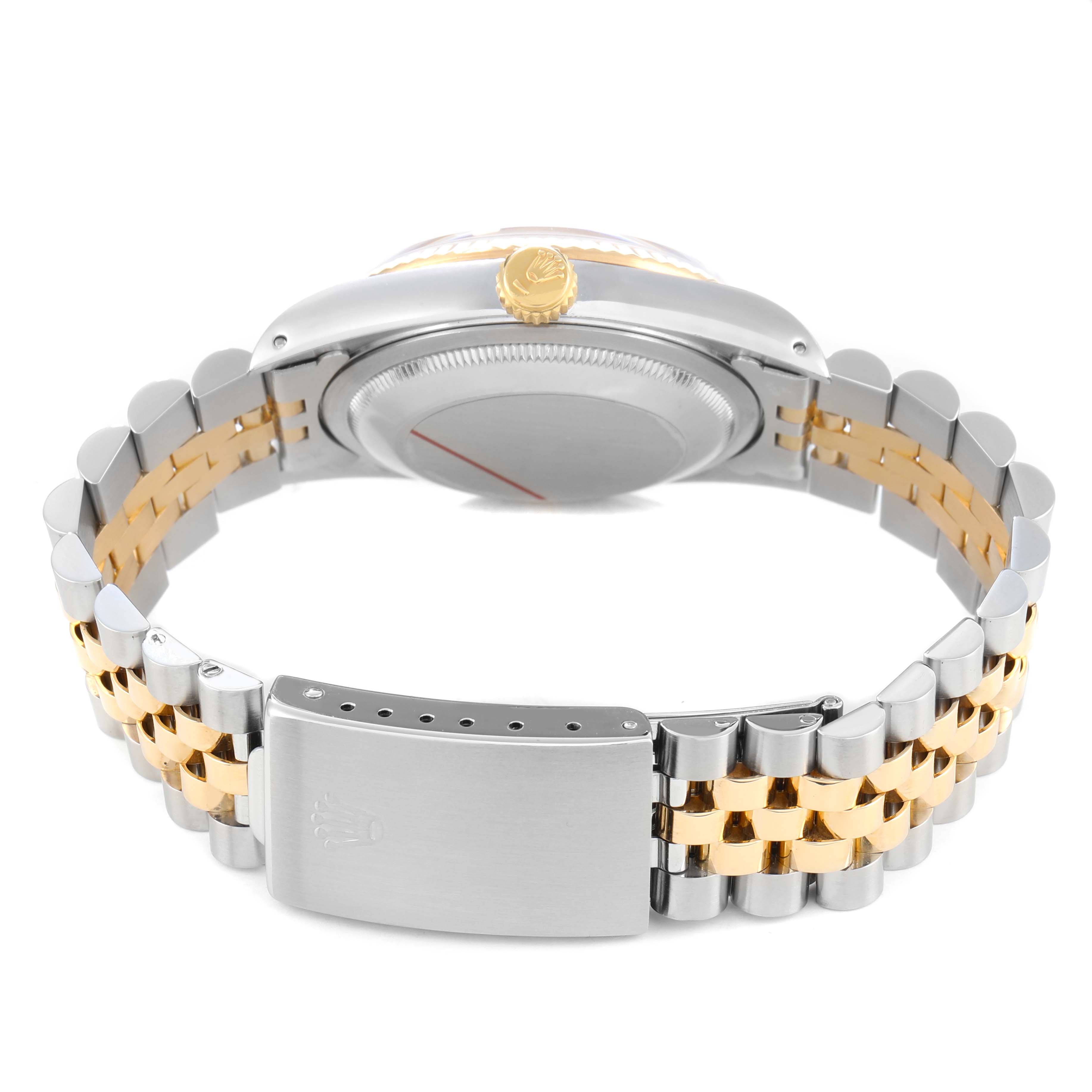 The Rolex Datejust 16233 Men's Steel and Gold (two tone) Champagne Dial watch is shown from the rear, highlighting the bracelet, clasp, and case back.