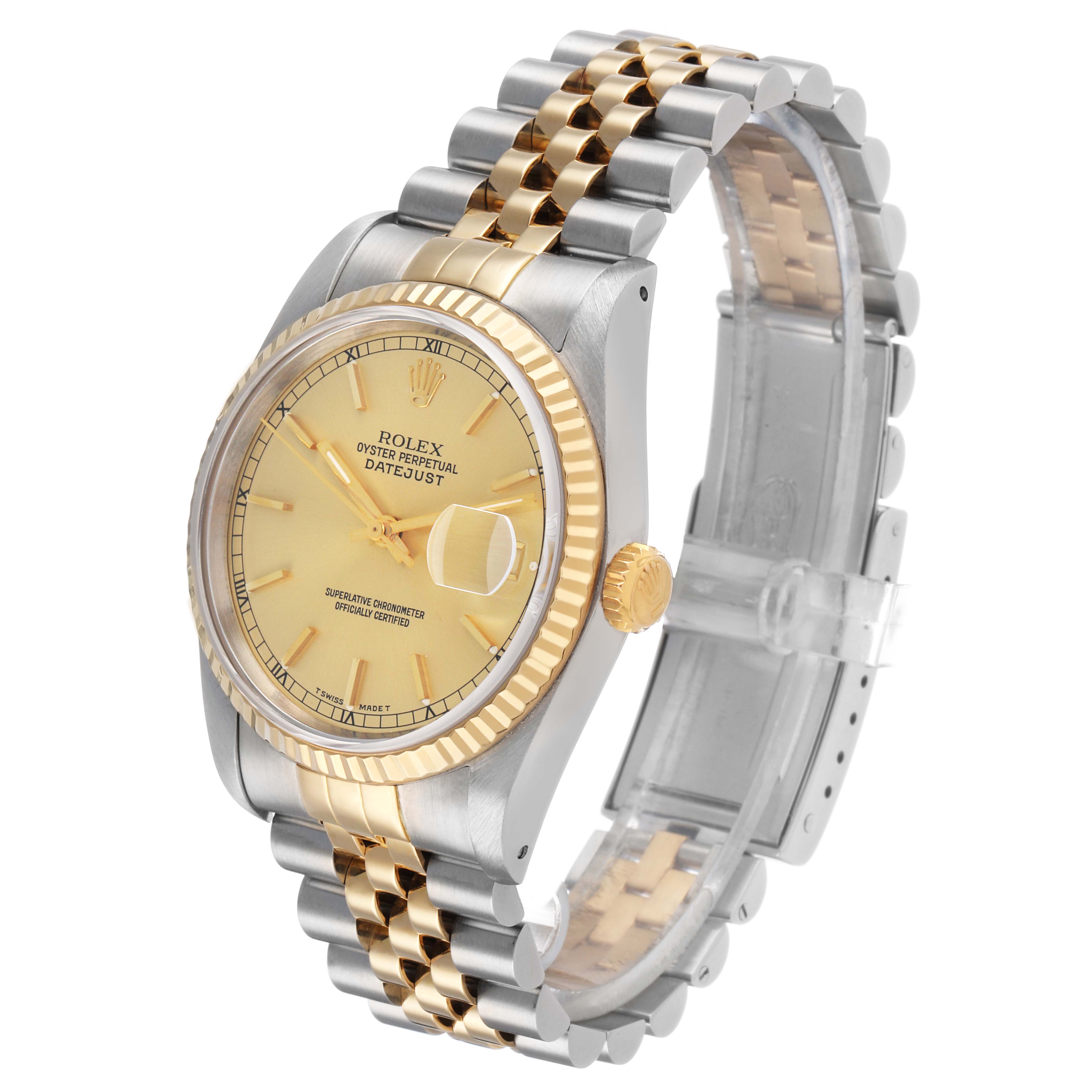 The Rolex Datejust 16233 Men's Steel and Gold (two tone) Champagne Dial watch is shown at a front angle, highlighting the dial, bezel, and bracelet.