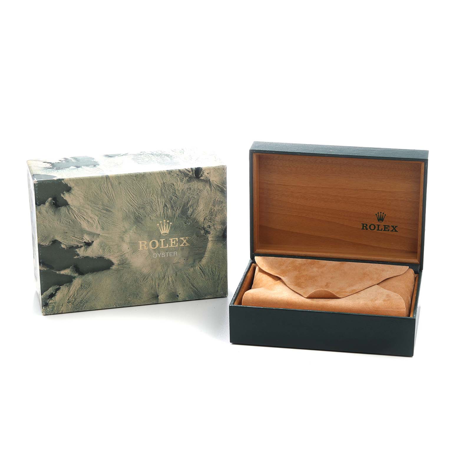 The image shows a Rolex Datejust 16233 Men's Steel and Gold (two tone) Champagne Dial box and wooden interior case with branded text, viewed from an angle that highlights both.