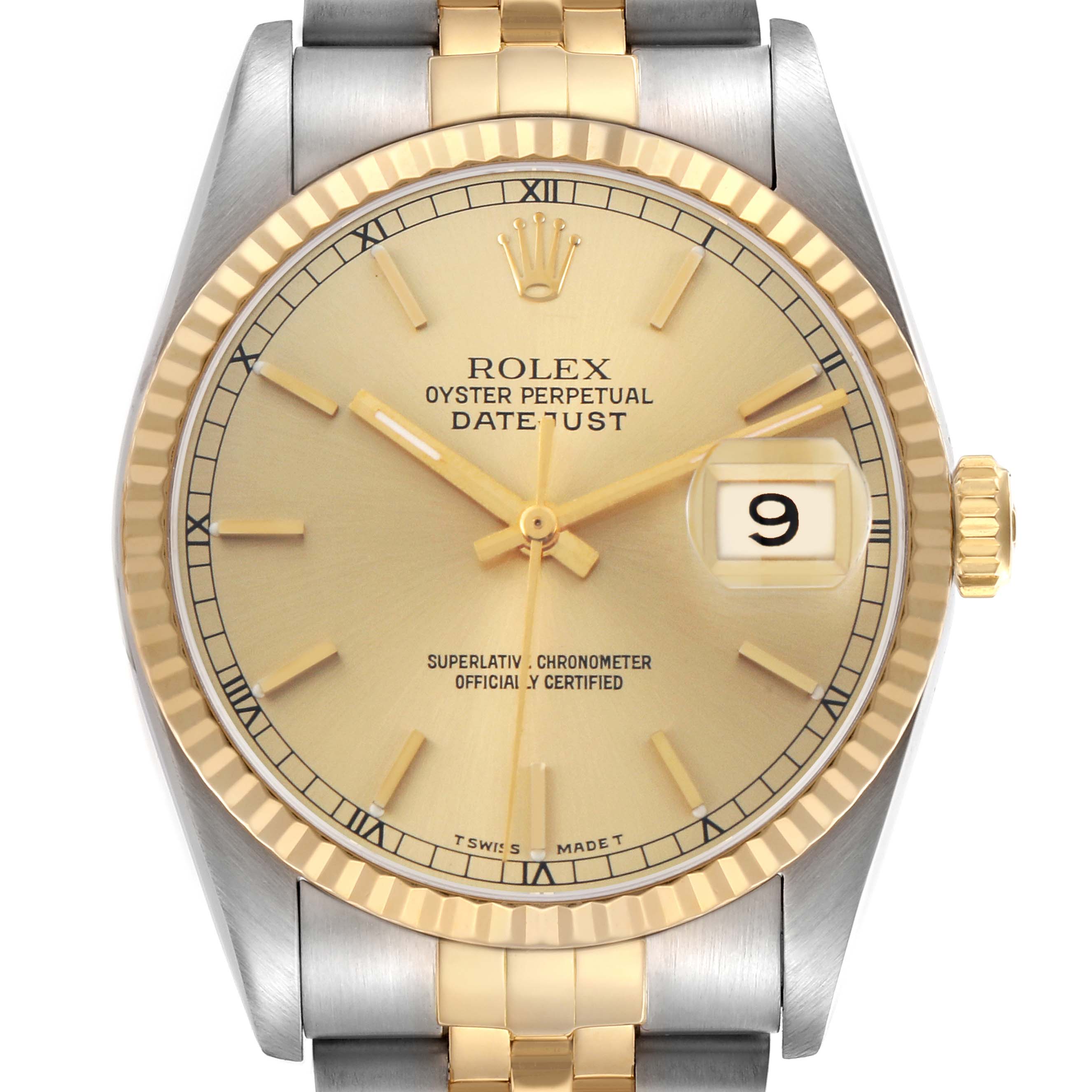 The Rolex Datejust 16233 Men's Steel and Gold (two tone) Champagne Dial watch is shown from the front, highlighting the dial, bezel, crown, and part of the bracelet.