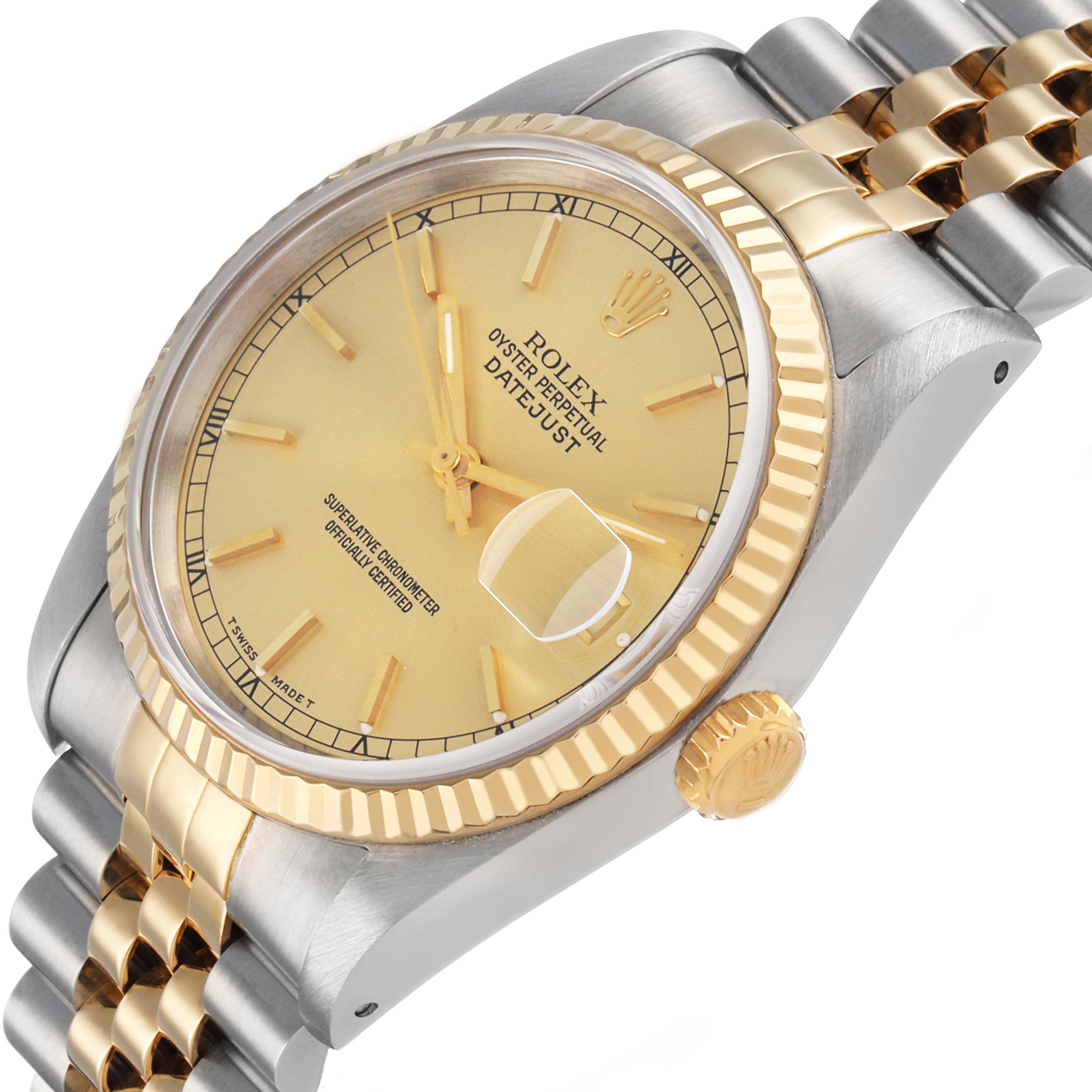 The Rolex Datejust 16233 Men's Steel and Gold (two tone) Champagne Dial watch is shown from an angled side view, displaying the dial, fluted bezel, bracelet, and crown.