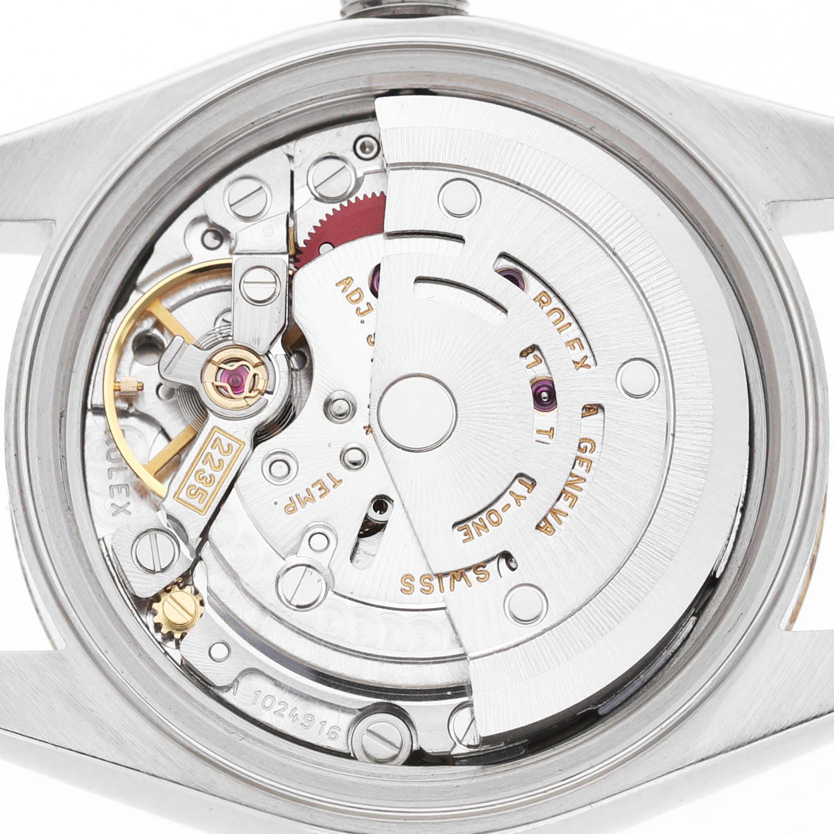 The image shows the movement mechanism of a Rolex Datejust 79173 Women's Steel and Gold (two tone) White Dial watch from the back, highlighting its inner components.