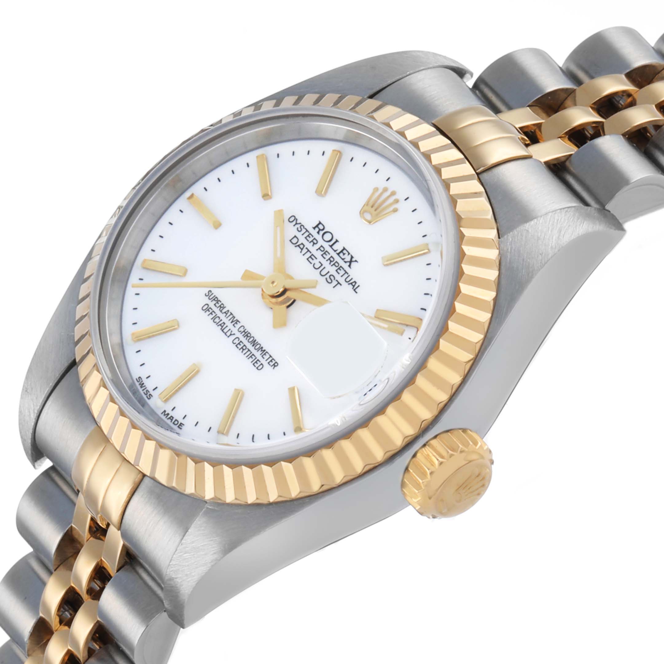 The image shows a Rolex Datejust 79173 Women's Steel and Gold (two tone) White Dial watch at a tilted angle, highlighting the face, bezel, crown, and part of the bracelet.