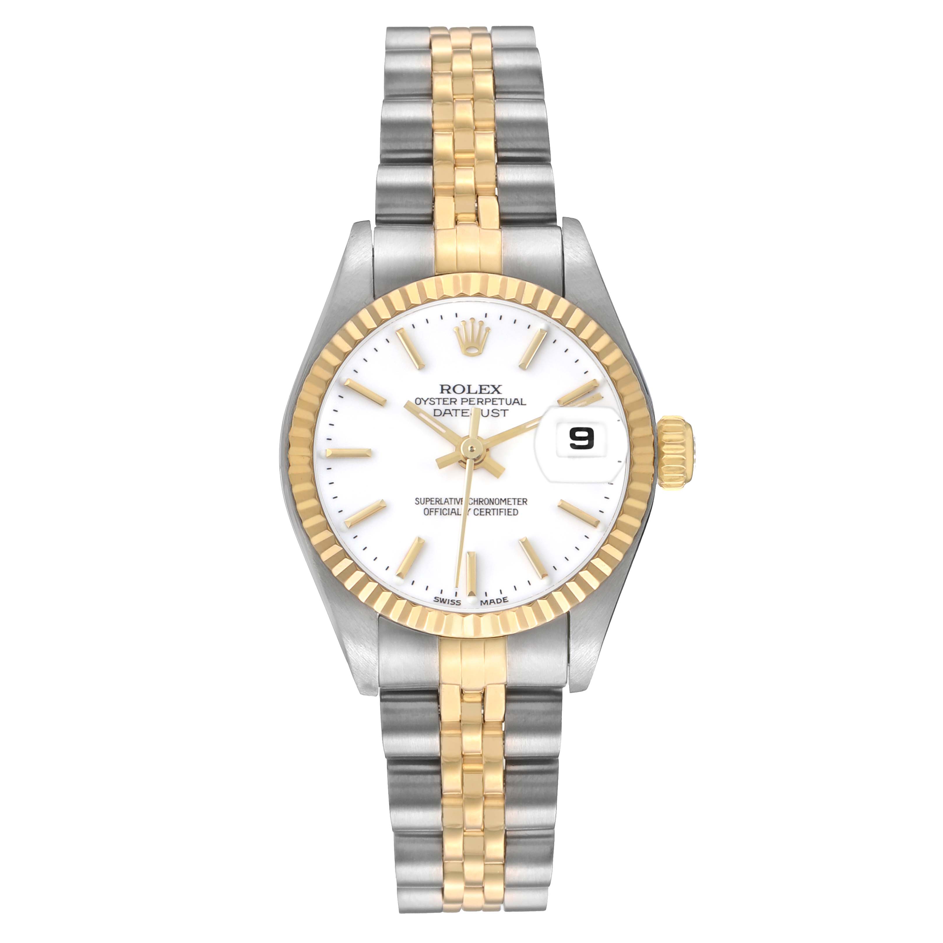 The Rolex Datejust 79173 Women's Steel and Gold (two tone) White Dial is shown from a top-down angle, displaying its white dial, fluted bezel, and two-tone Jubilee bracelet.