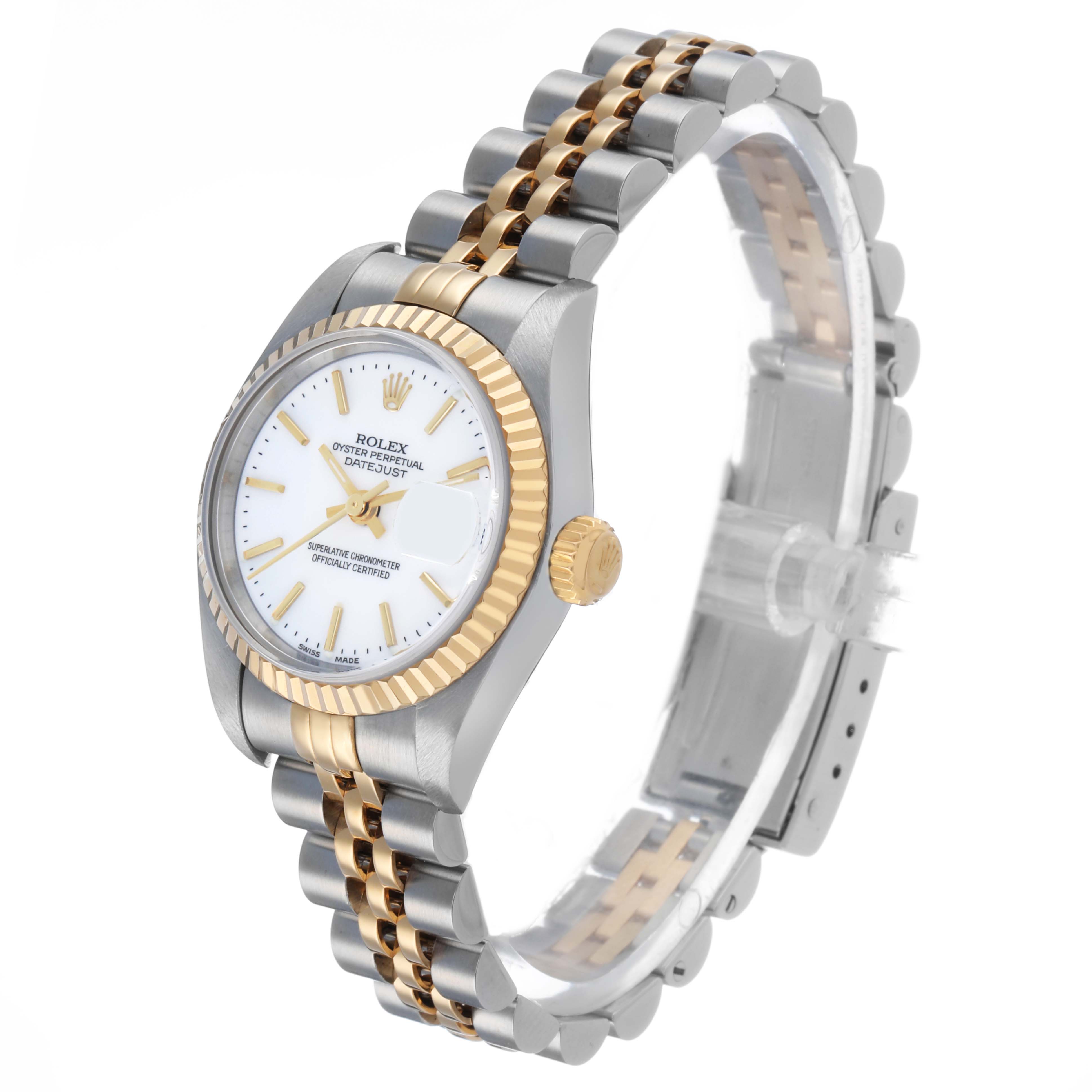 The Rolex Datejust 79173 Women's Steel and Gold (two tone) White Dial watch is shown at a three-quarter angle, highlighting its face, bezel, crown, and two-tone bracelet.