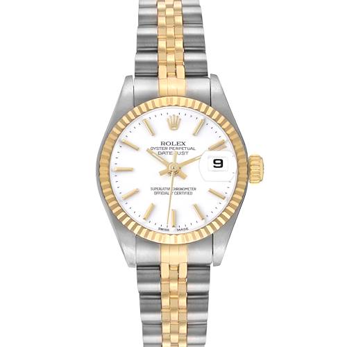 The Rolex Datejust 79173 Women's Steel and Gold (two tone) White Dial watch is shown from the front, displaying its face, bezel, hands, date window, crown, and bracelet.