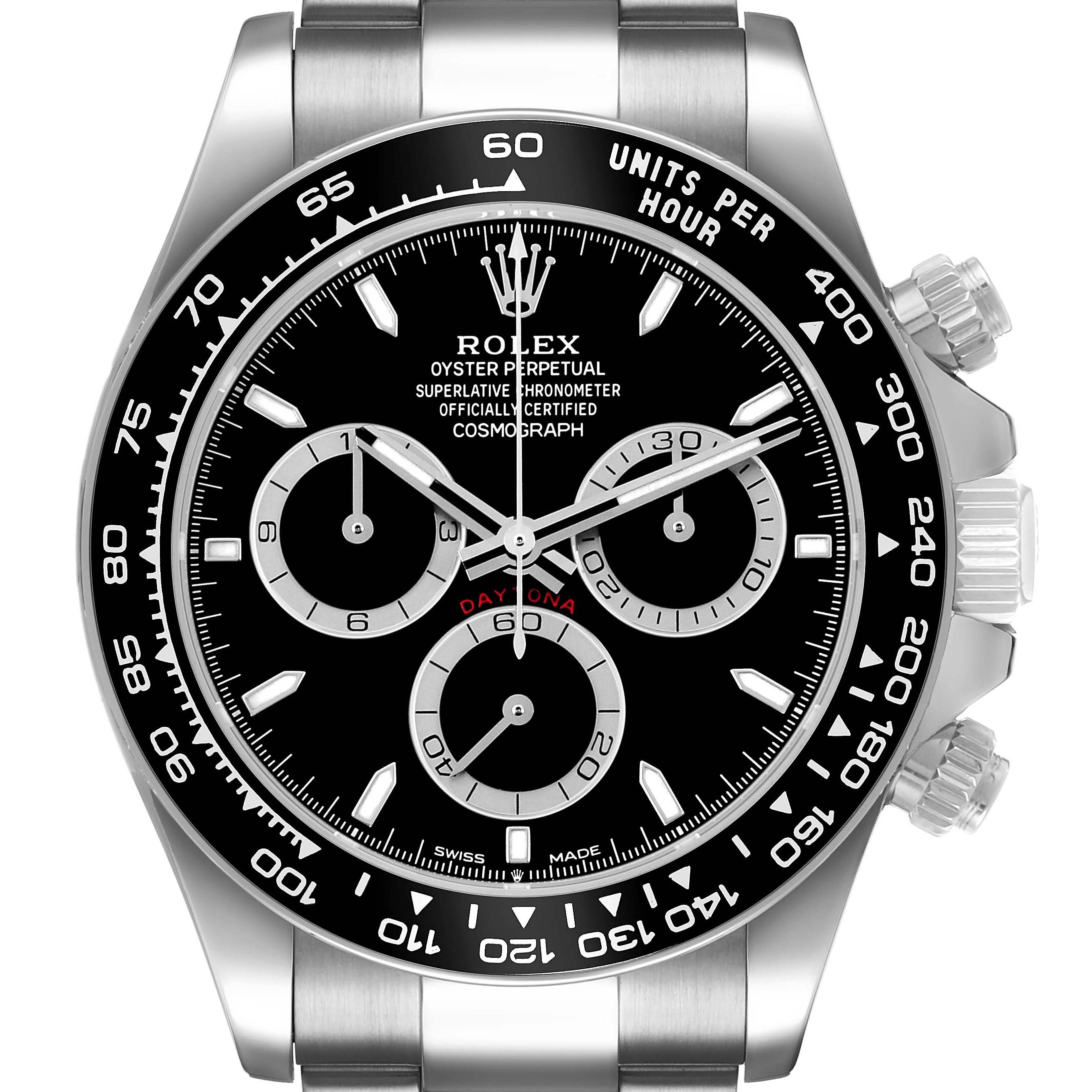 The image shows a frontal view of the Rolex Daytona 126500 Men's Stainless Steel Black Dial watch, highlighting its black dial and chronograph features.