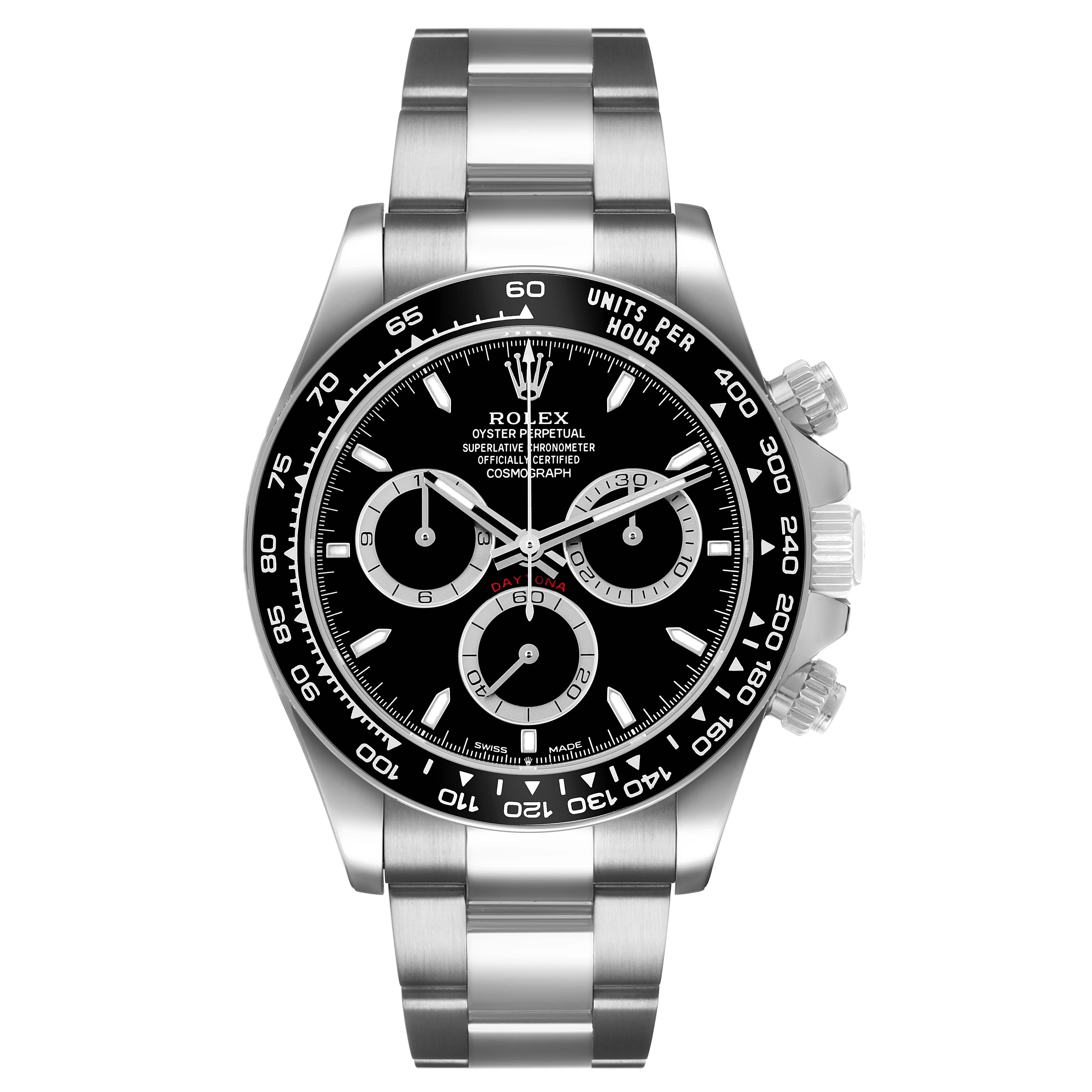 The Rolex Daytona 126500 Men's Stainless Steel Black Dial watch is shown from the front, highlighting the dial, bezel, and bracelet.