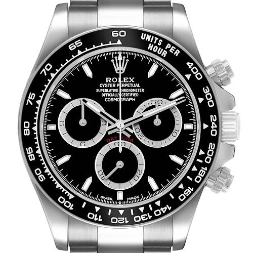 The Rolex Daytona 126500 Men's Stainless Steel Black Dial watch is shown from the front, displaying the face, bezel, and crown.
