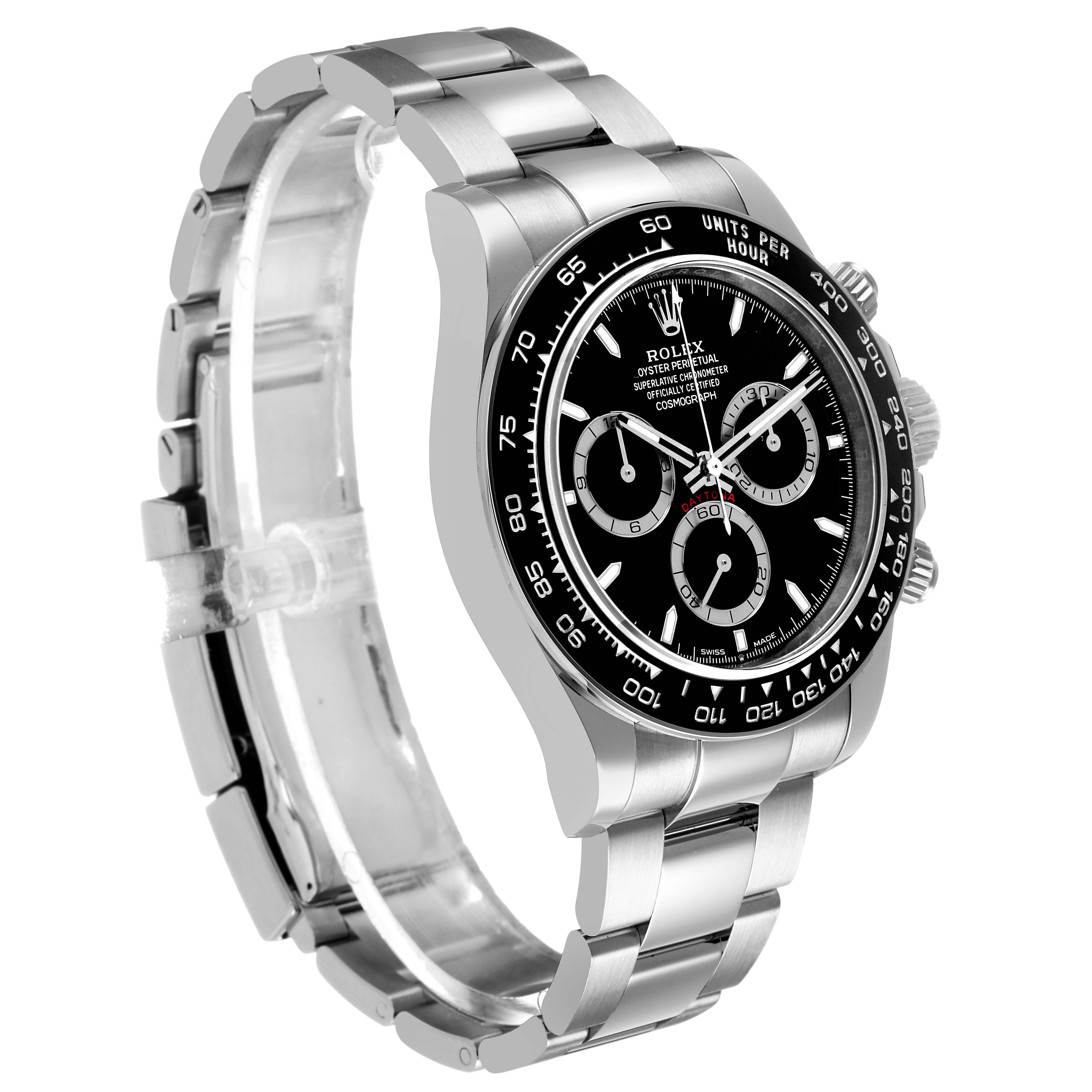 The Rolex Daytona 126500 Men's Stainless Steel Black Dial watch is shown at a three-quarter angle, highlighting the bracelet, bezel, and dial.