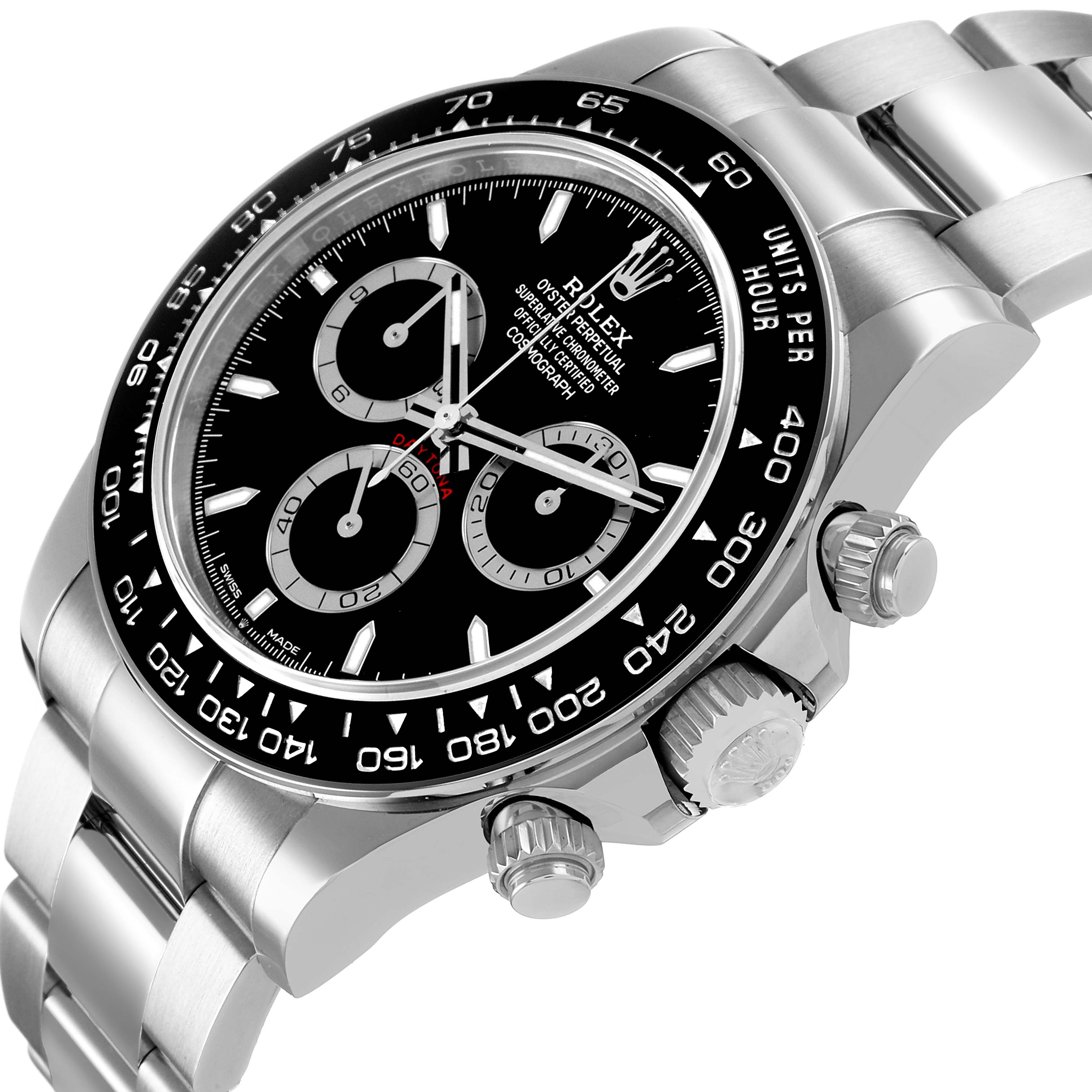 The Rolex Daytona 126500 Men's Stainless Steel Black Dial watch is shown from a side angle, displaying the bezel, chronograph dials, crown, and part of the bracelet.