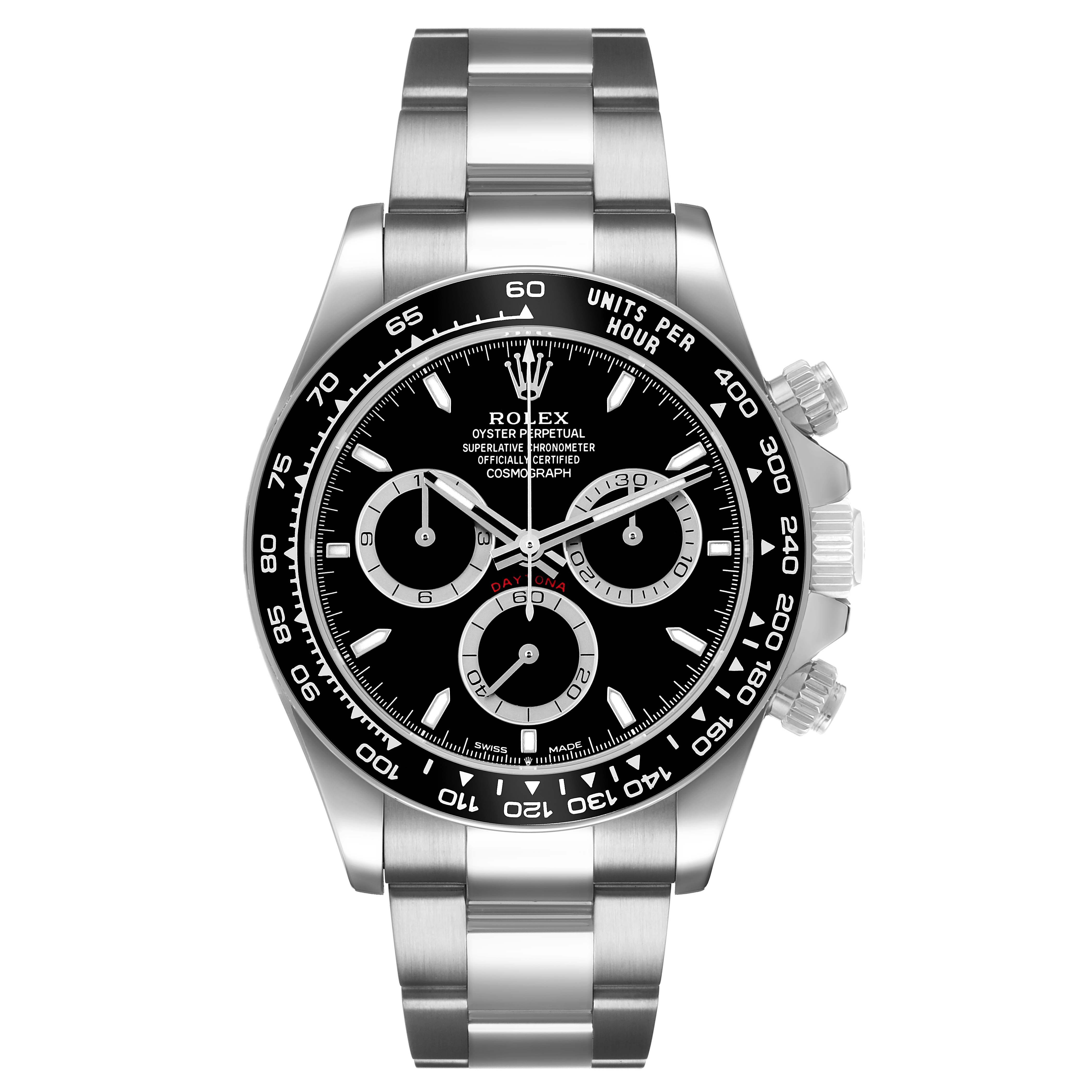 The image shows a front view of a Rolex Daytona 126500 Men's Stainless Steel Black Dial, featuring the dial, bezel, and bracelet clearly.