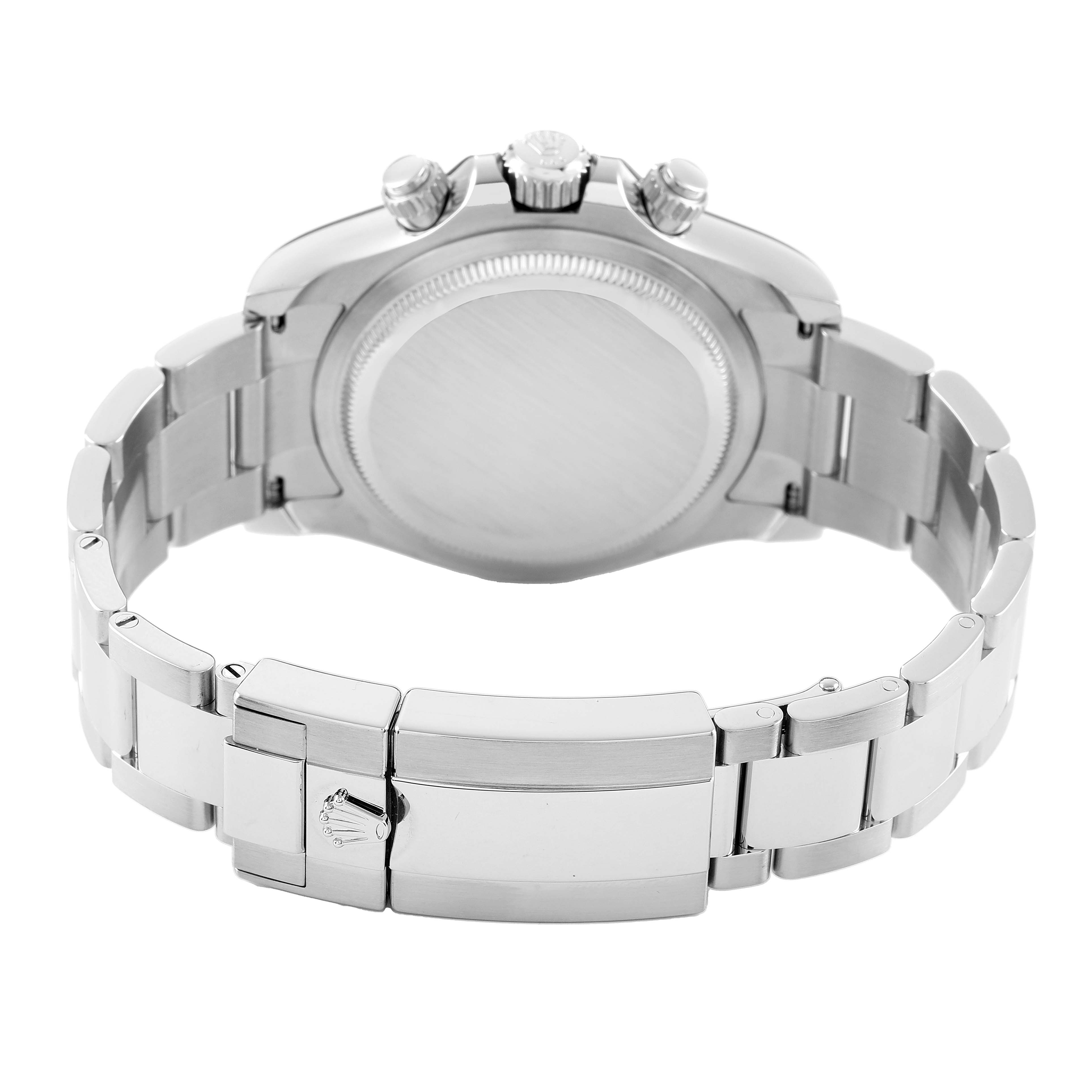 The image shows the back of a Rolex Daytona 126500 Men's Stainless Steel Black Dial watch, highlighting the case back, bracelet, and clasp from a rear angle.