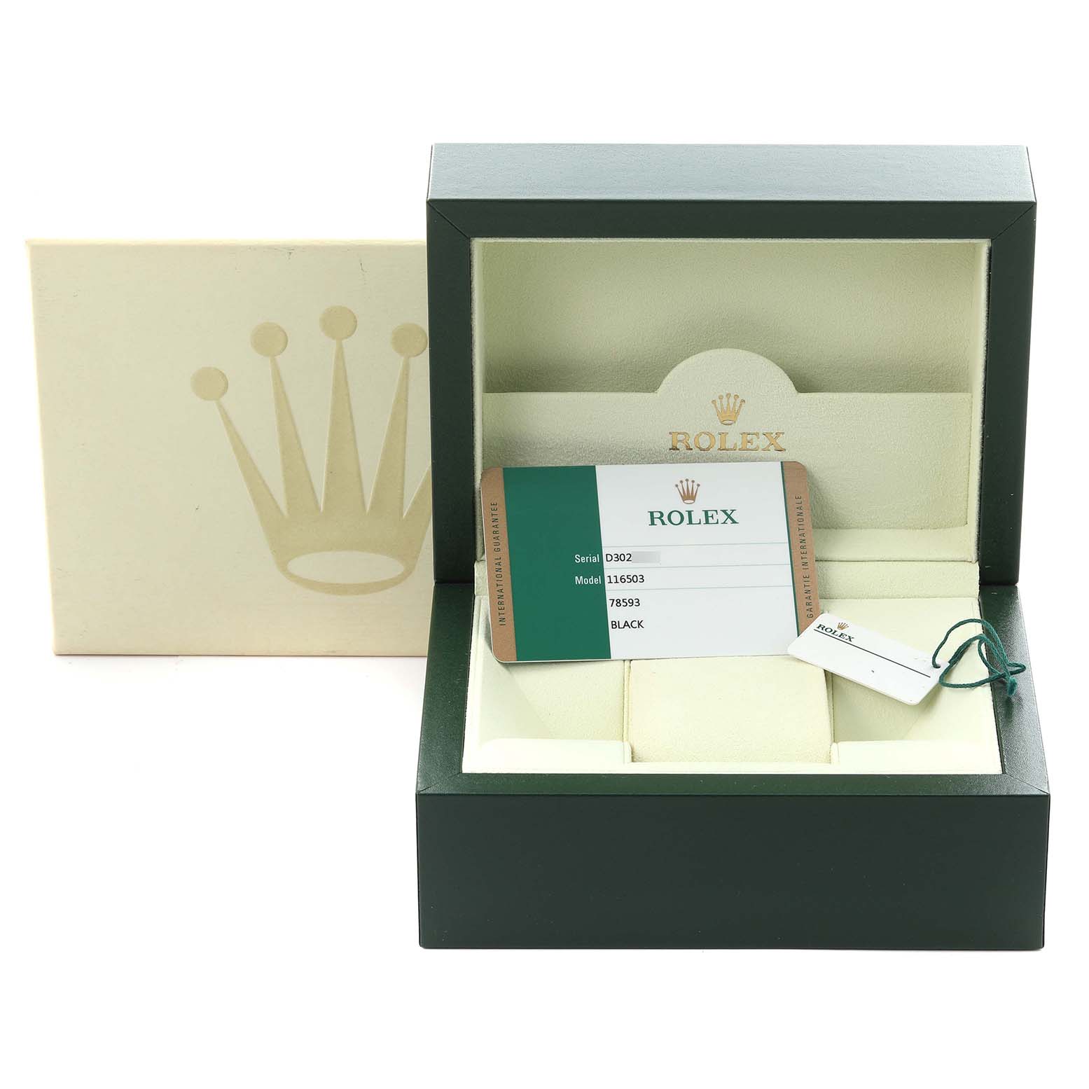 The image shows a Rolex Daytona 116503-0004 Men's Steel and Gold (two tone) Black Dial 116503-0004 Men's Steel and Gold (two tone) Black Dial watch box and accessories, including a card and tag, viewed from the front.