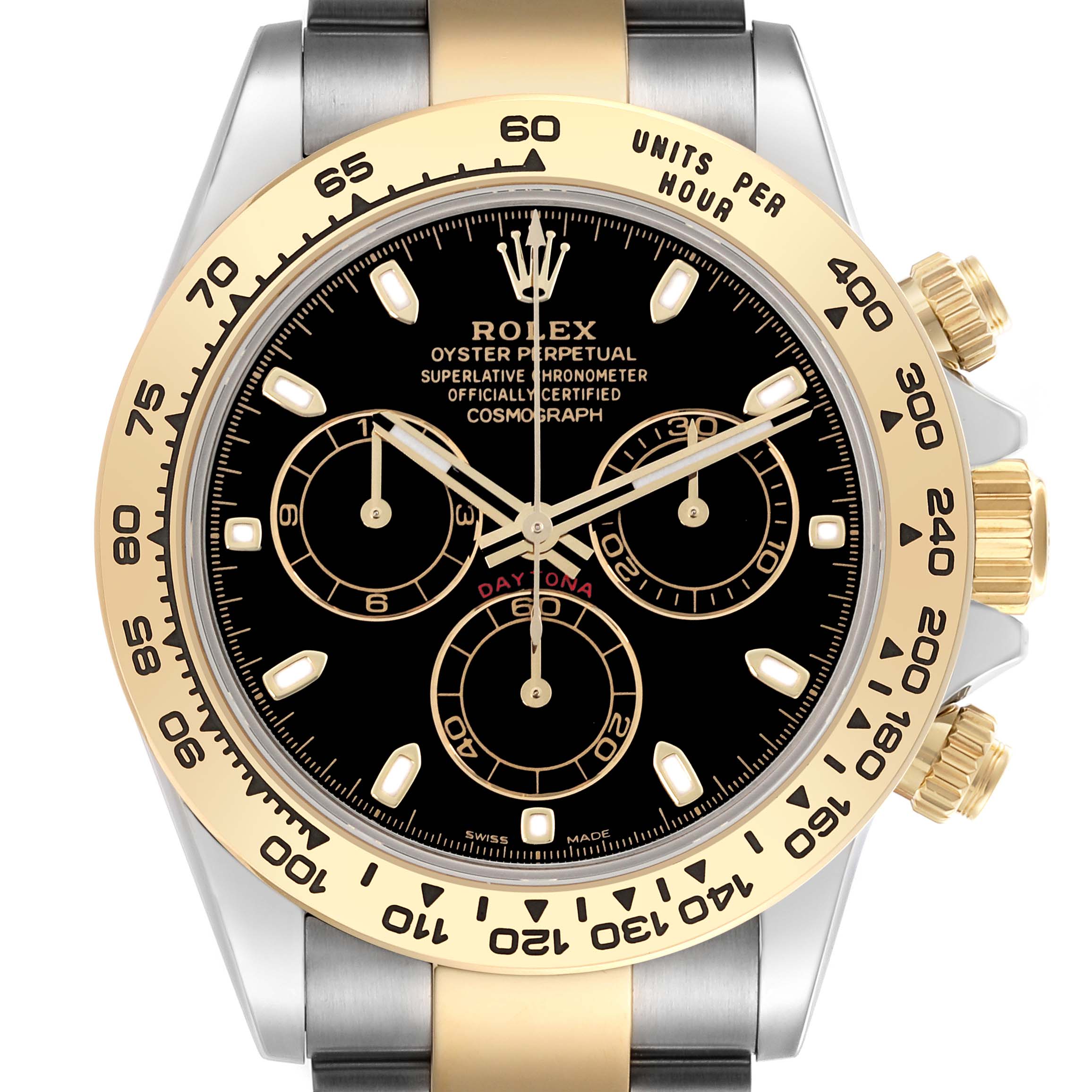The Rolex Daytona 116503-0004 Men's Steel and Gold (two tone) Black Dial 116503-0004 Men's Steel and Gold (two tone) Black Dial is shown from the front, highlighting its dial, bezel, and pushers.