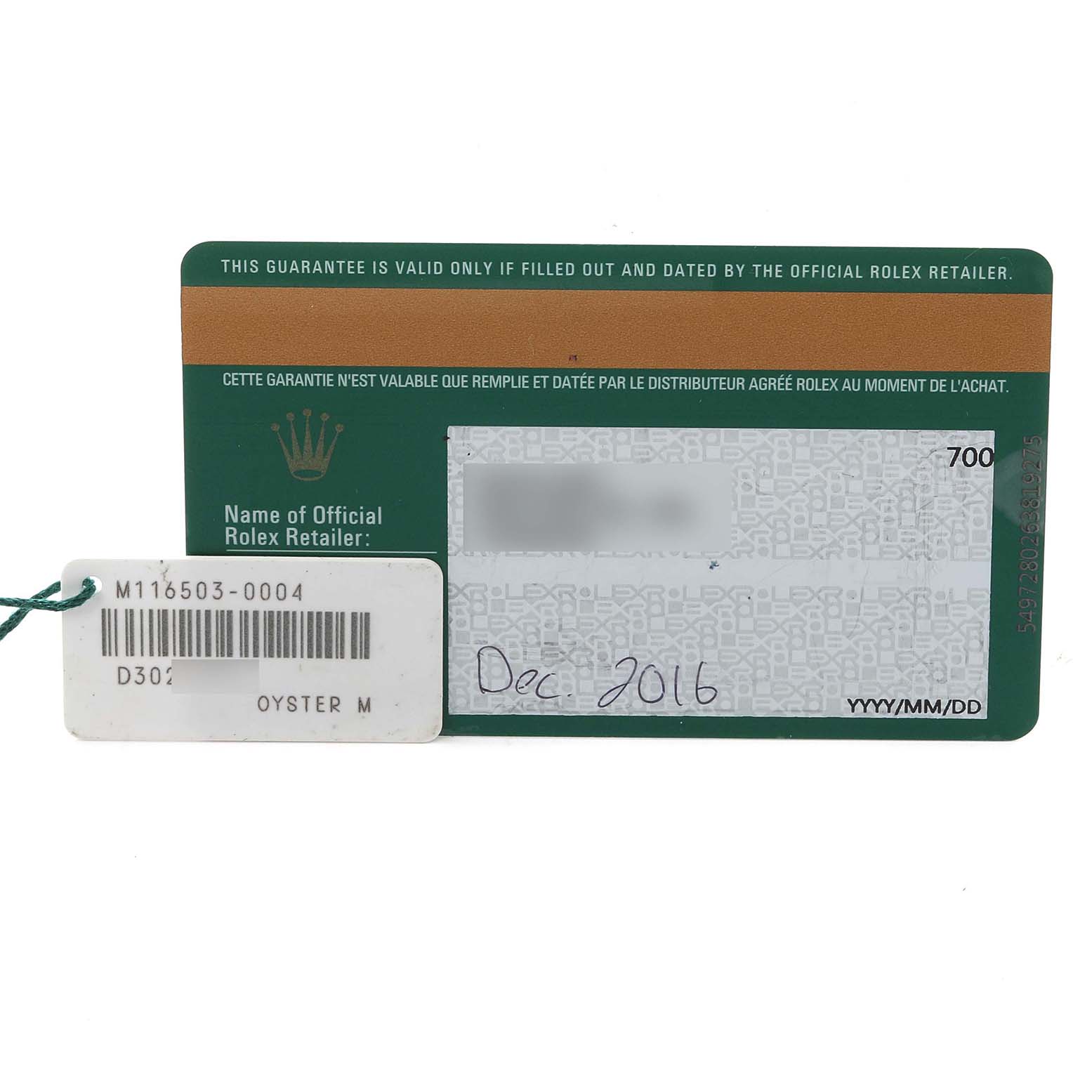The image shows a warranty card and tag for a Rolex Daytona 116503-0004 Men's Steel and Gold (two tone) Black Dial 116503-0004 Men's Steel and Gold (two tone) Black Dial, displaying purchase date and model details.
