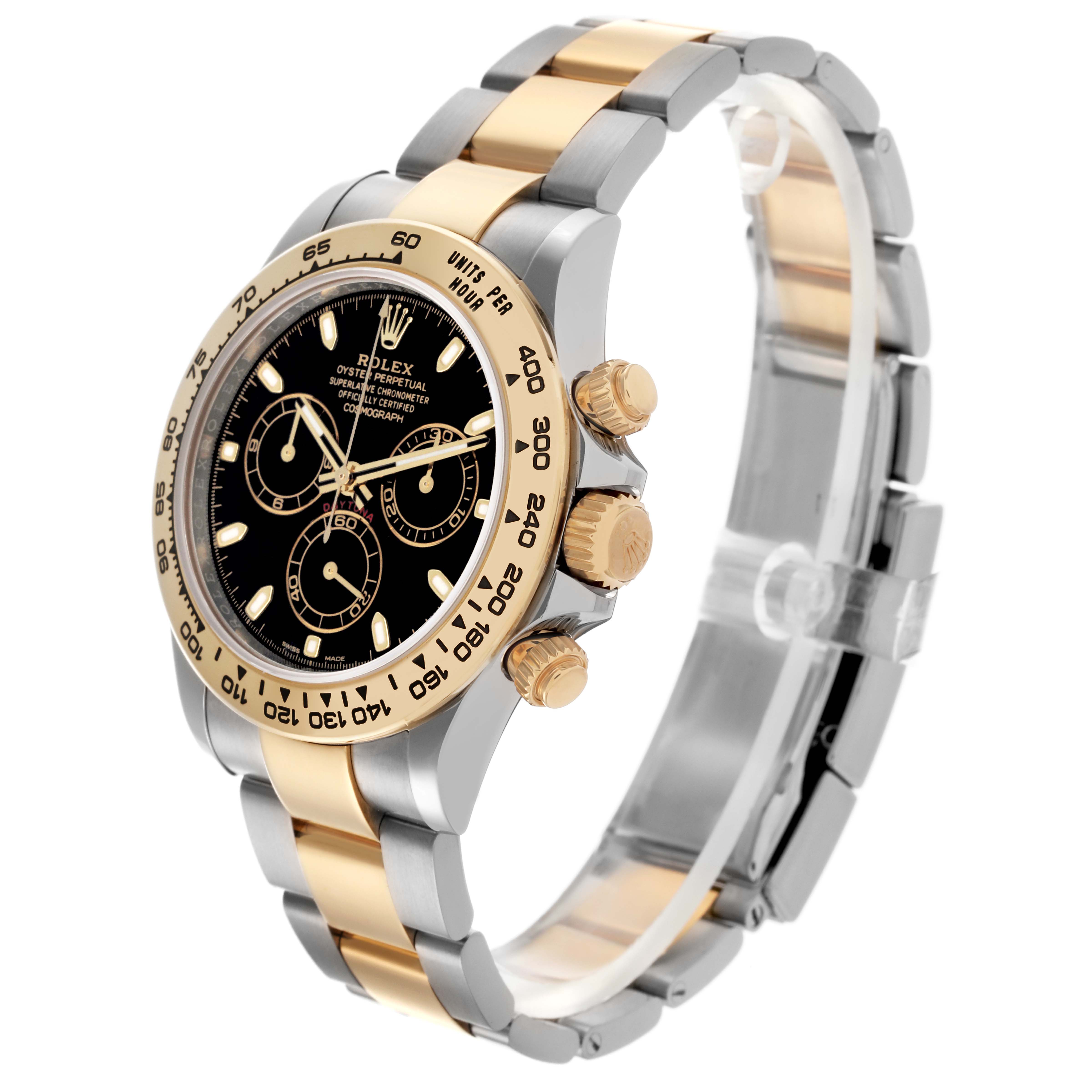 The Rolex Daytona 116503-0004 Men's Steel and Gold (two tone) Black Dial 116503-0004 Men's Steel and Gold (two tone) Black Dial watch is shown at a three-quarter angle, highlighting its bezel, dial, crown, and bracelet.