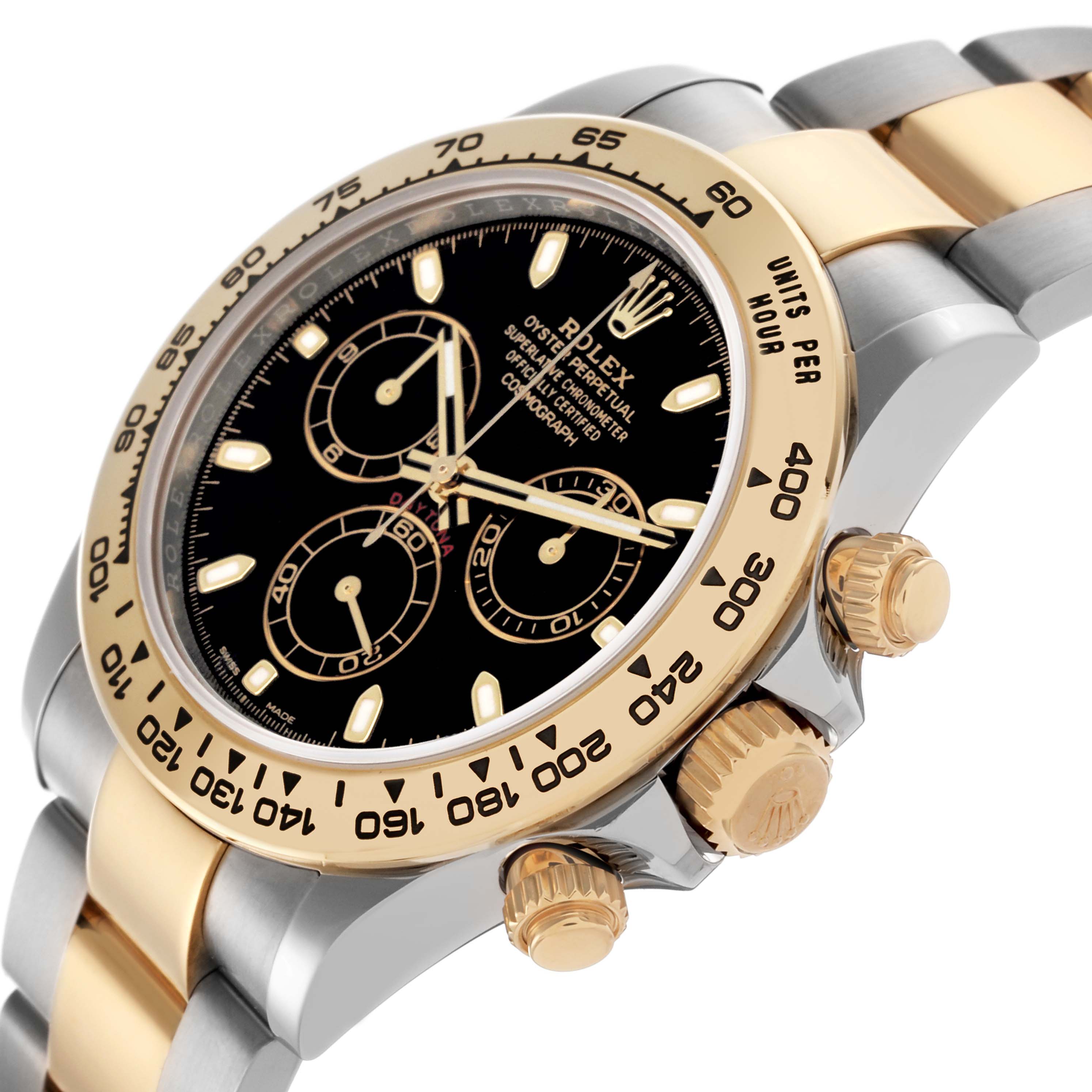 The Rolex Daytona 116503-0004 Men's Steel and Gold (two tone) Black Dial 116503-0004 Men's Steel and Gold (two tone) Black Dial watch is shown at an angle displaying the dial, crown, pushers, and part of the two-tone bracelet.