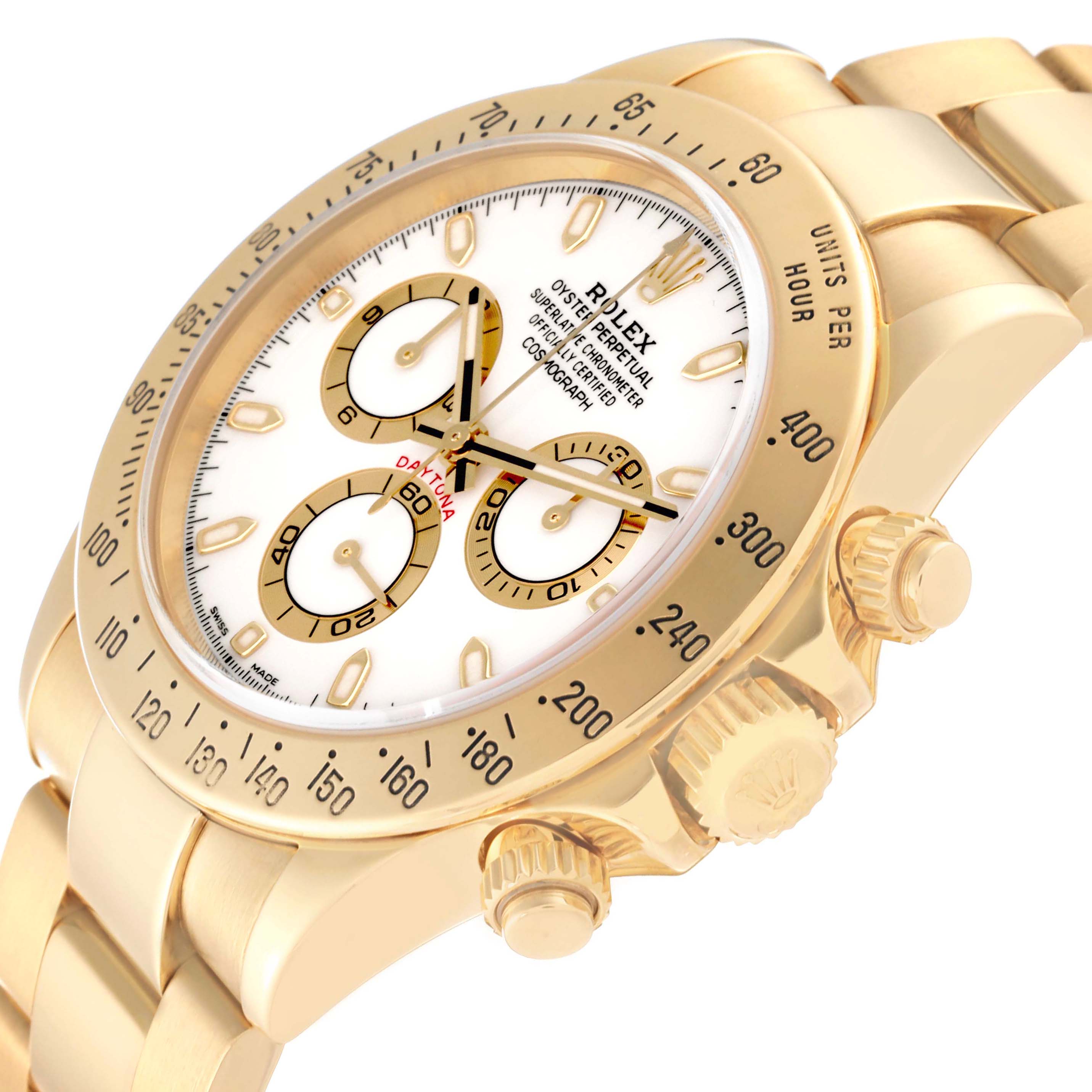 The Rolex Daytona 116528 Men's Yellow Gold White Dial 116528 Men's Yellow Gold White Dial watch is shown at a three-quarter angle, highlighting the face, bezel, pushers, and part of the band.