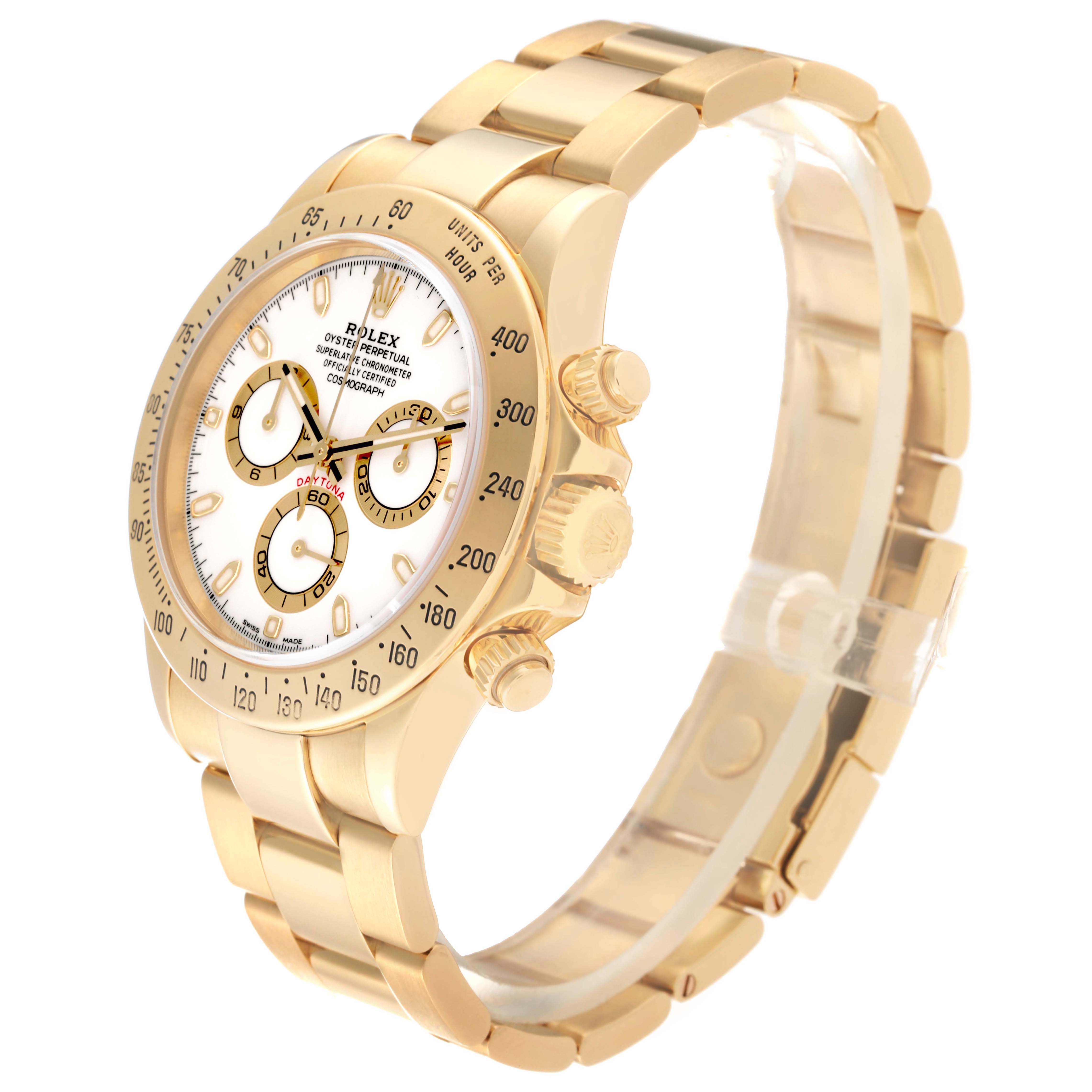 The Rolex Daytona 116528 Men's Yellow Gold White Dial 116528 Men's Yellow Gold White Dial watch is shown at a side angle, highlighting the face, crown, pushers, and bracelet.