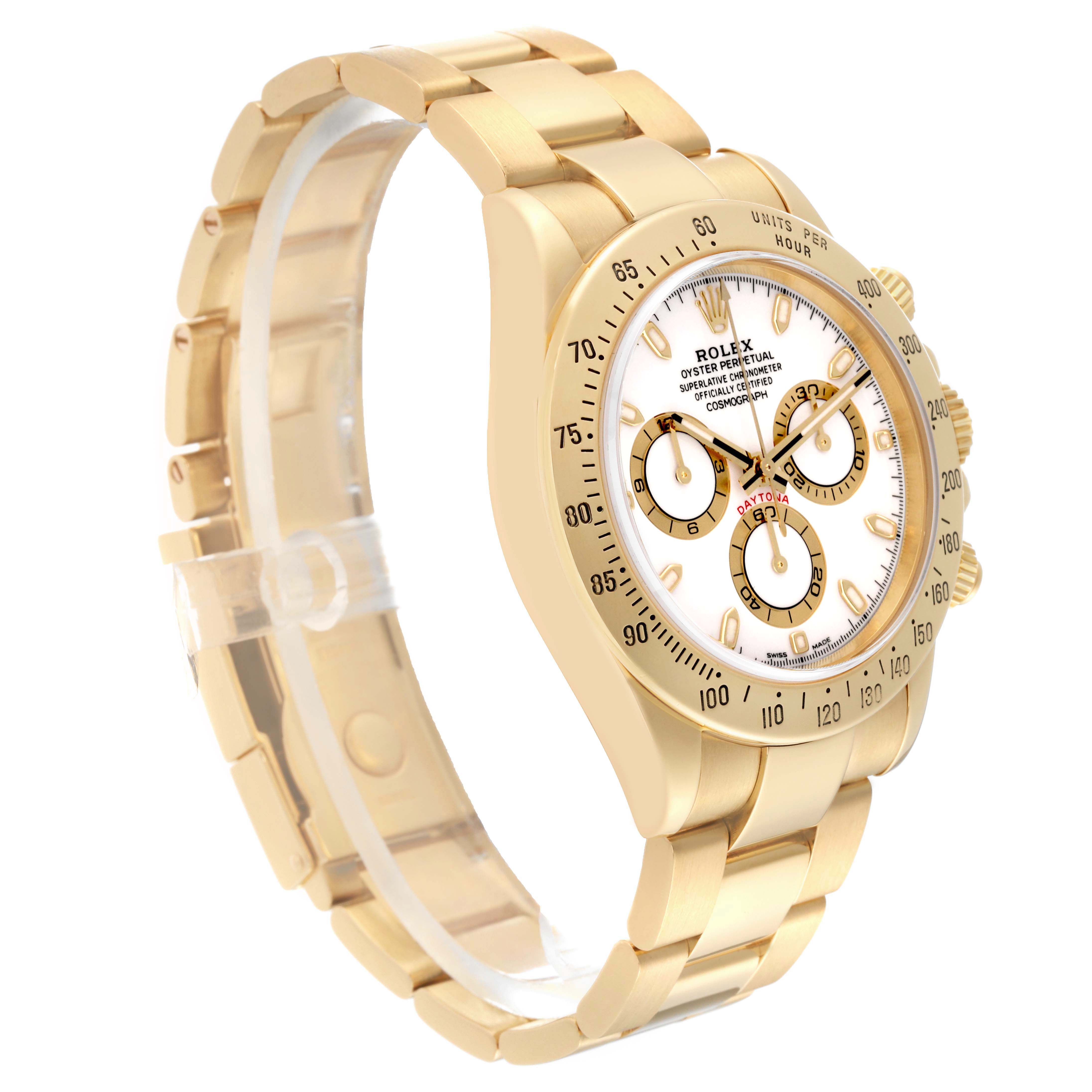 The Rolex Daytona 116528 Men's Yellow Gold White Dial 116528 Men's Yellow Gold White Dial watch is shown at a slightly angled side view, highlighting the bracelet, bezel, and dial.
