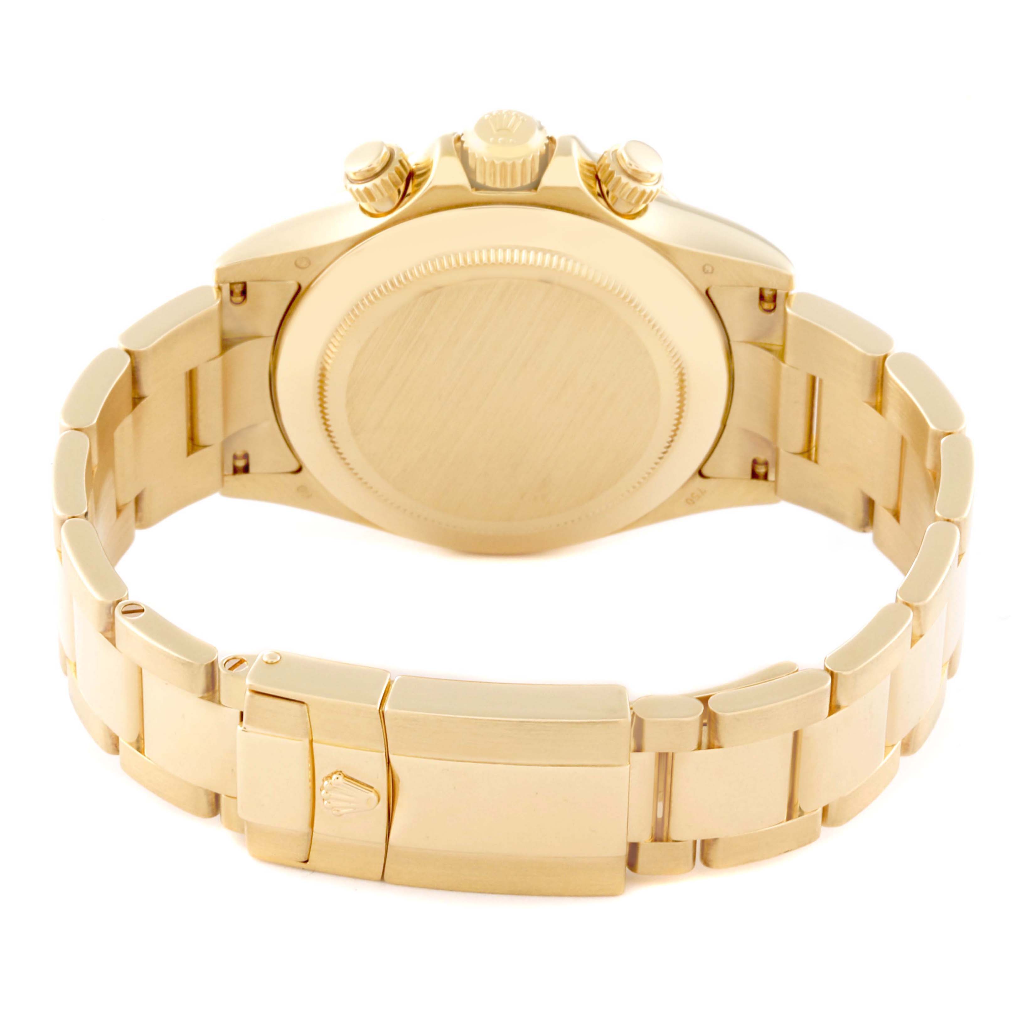 The image shows the back angle of a Rolex Daytona 116528 Men's Yellow Gold White Dial 116528 Men's Yellow Gold White Dial, highlighting the case back, bracelet, and clasp.