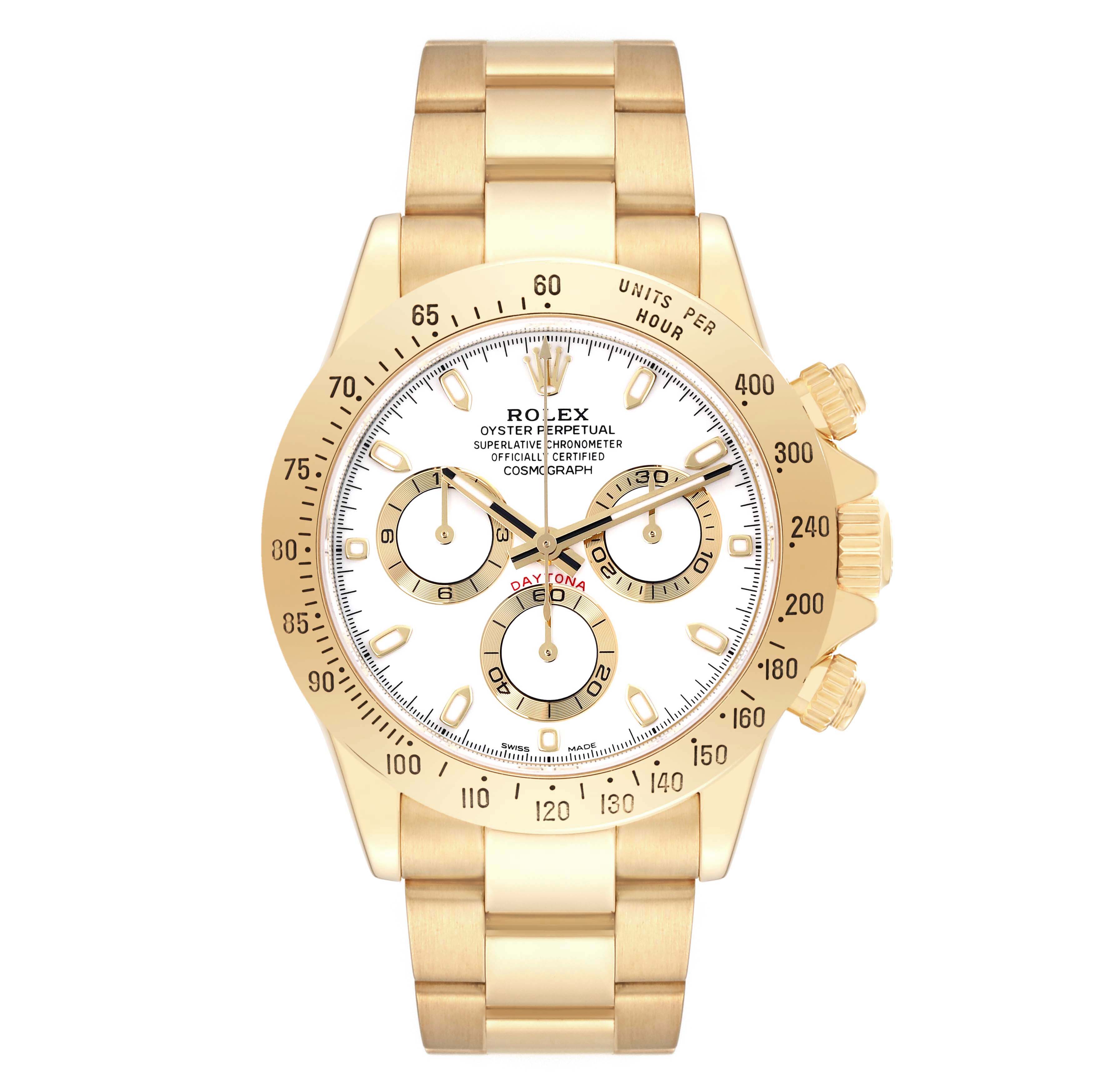 The image shows a front view of the Rolex Daytona 116528 Men's Yellow Gold White Dial 116528 Men's Yellow Gold White Dial watch, highlighting the face, bezel, and bracelet.
