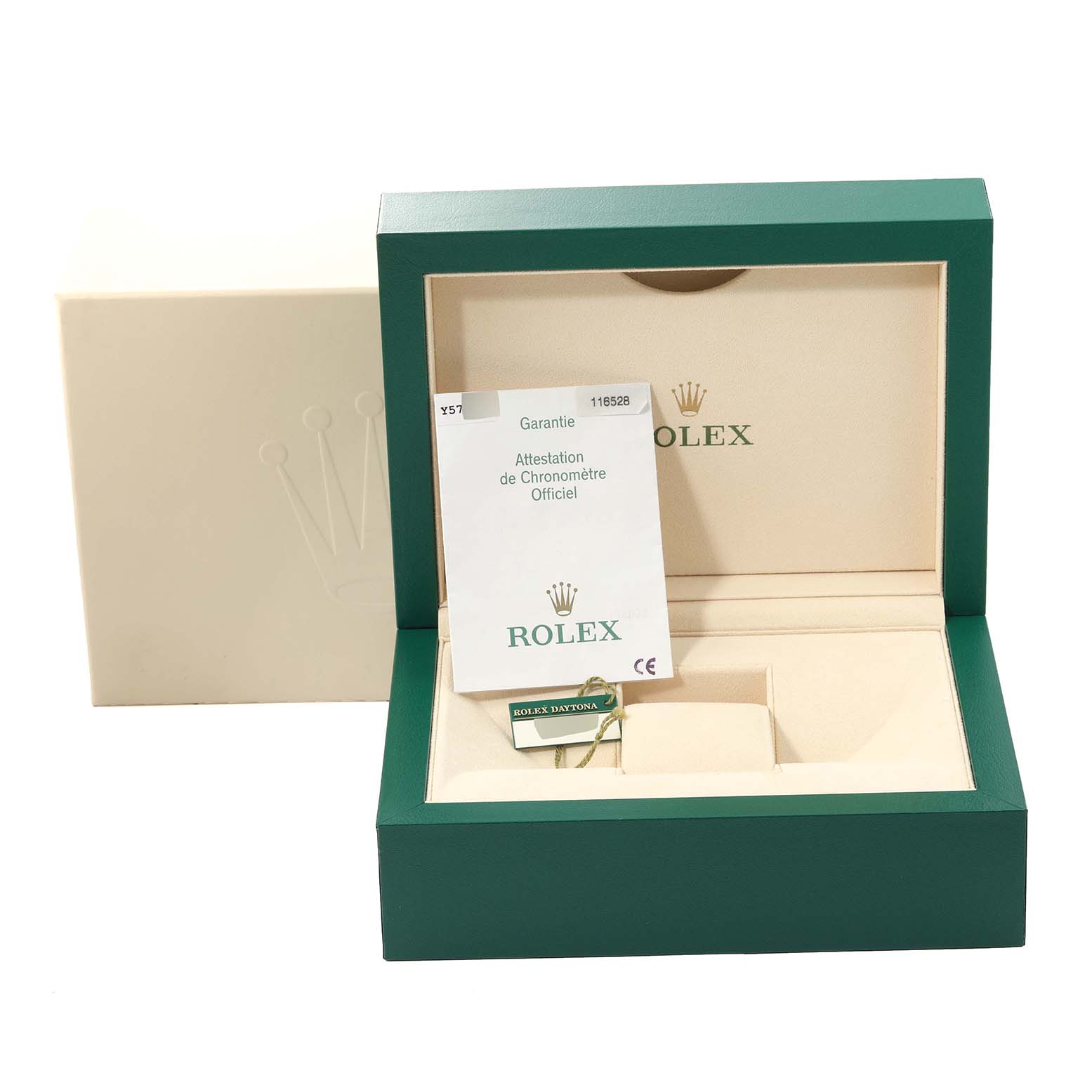 The image shows a Rolex Daytona 116528 Men's Yellow Gold White Dial 116528 Men's Yellow Gold White Dial watch box with a certificate and a tag inside, viewed from the front.