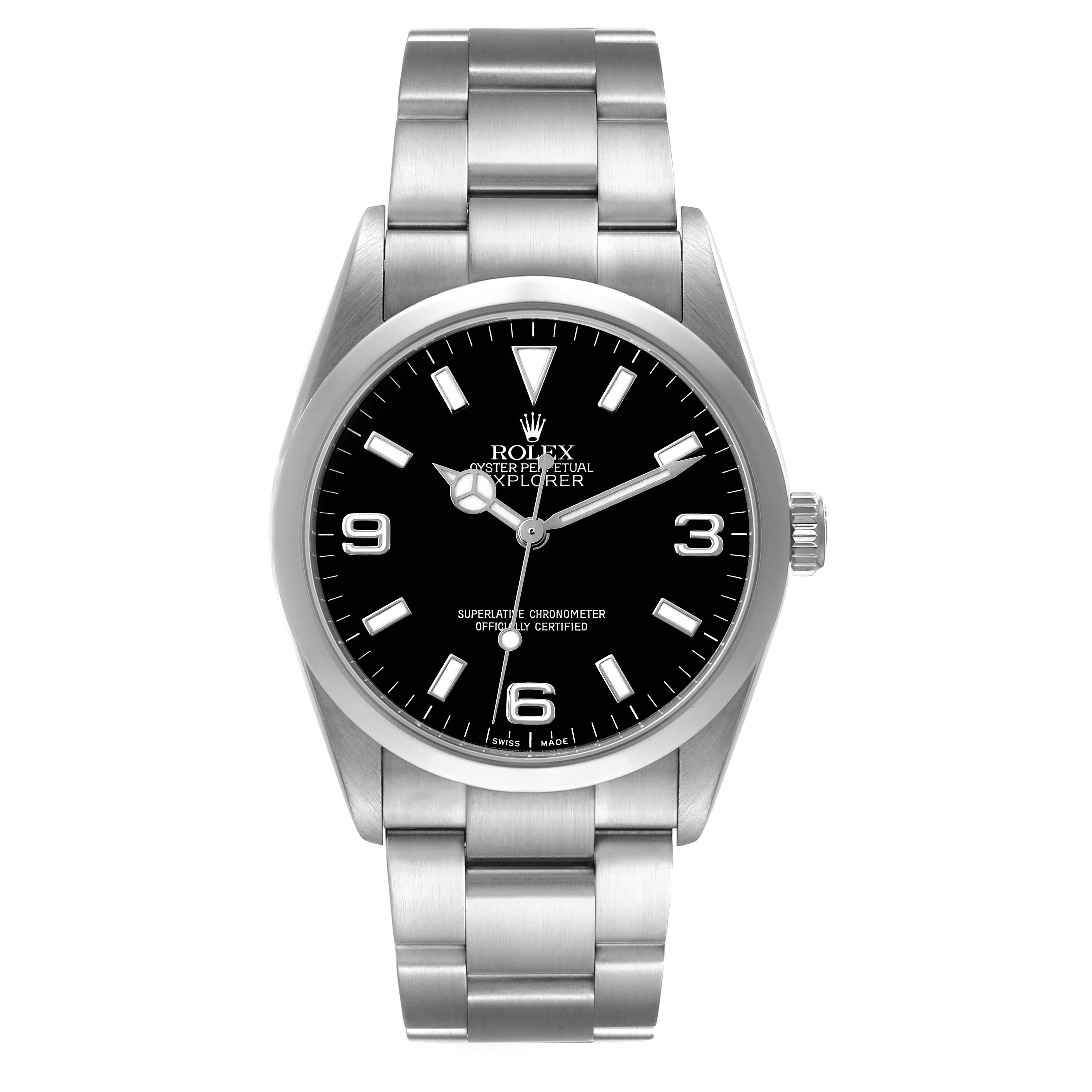 The Rolex Explorer 114270 Men's Stainless Steel Black Dial is shown from a frontal angle, displaying the dial, bezel, and part of the bracelet.