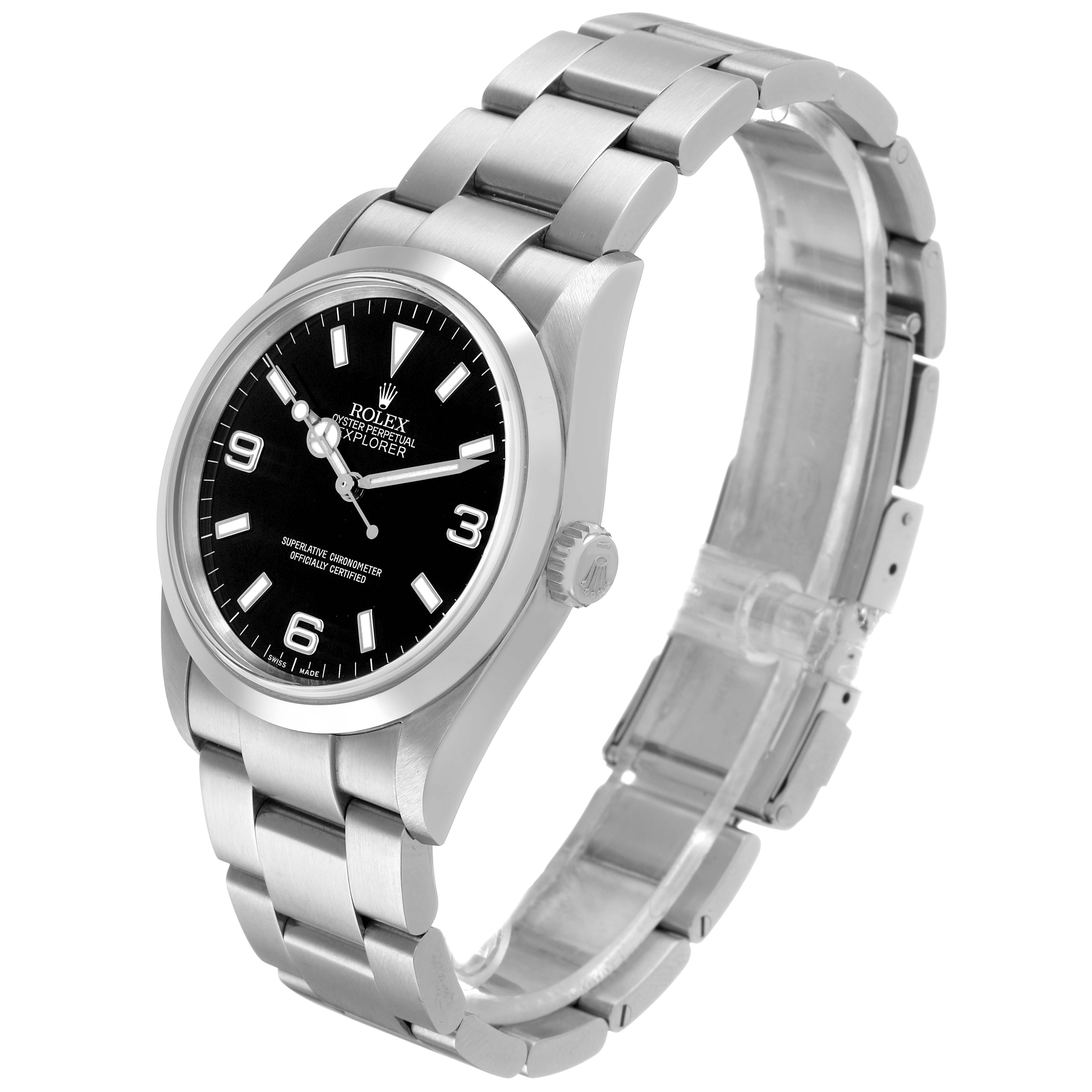 The image shows a Rolex Explorer 114270 Men's Stainless Steel Black Dial watch at an oblique angle, highlighting its face, bezel, and bracelet.