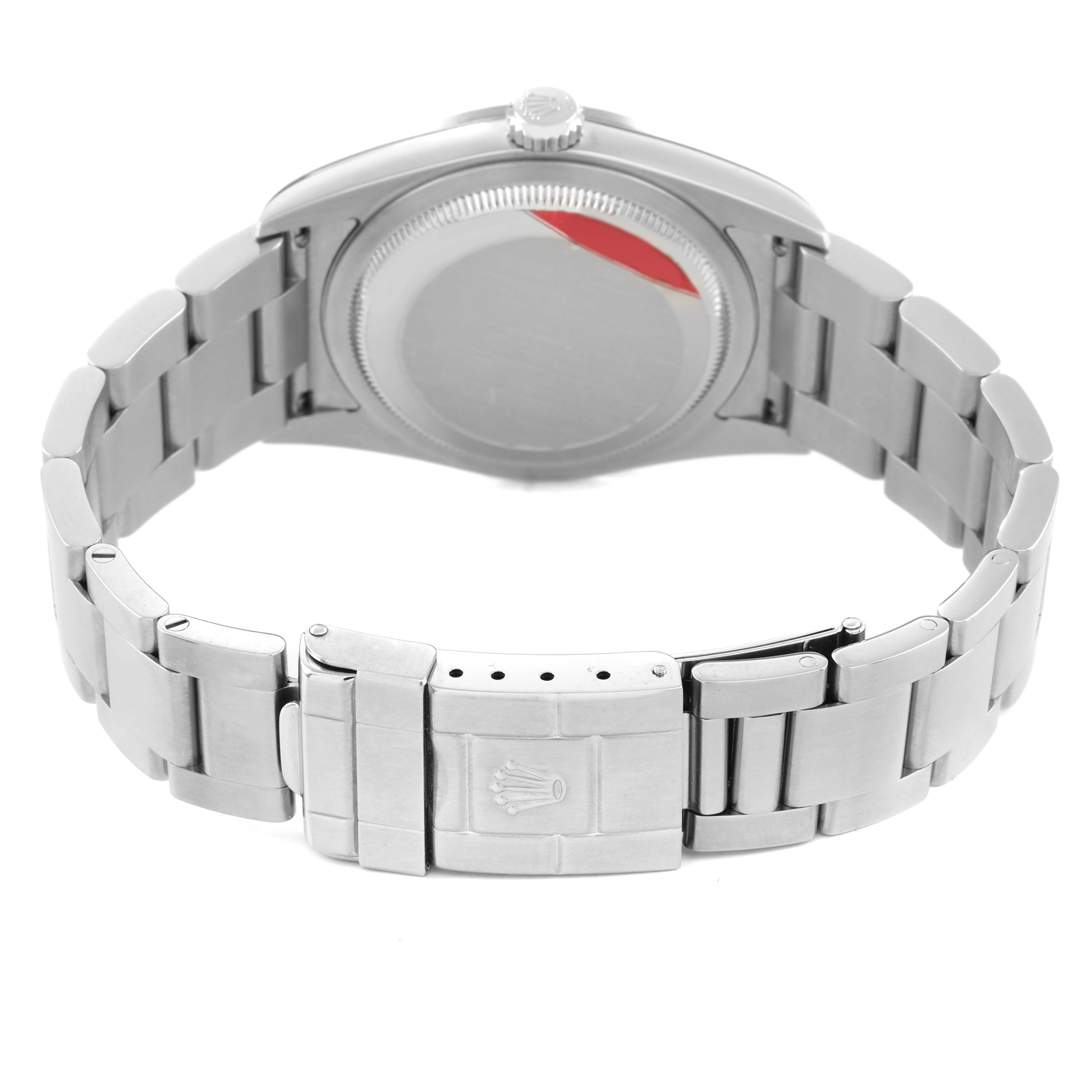 The image shows the back and clasp of the Rolex Explorer 114270 Men's Stainless Steel Black Dial, highlighting the bracelet and case back.