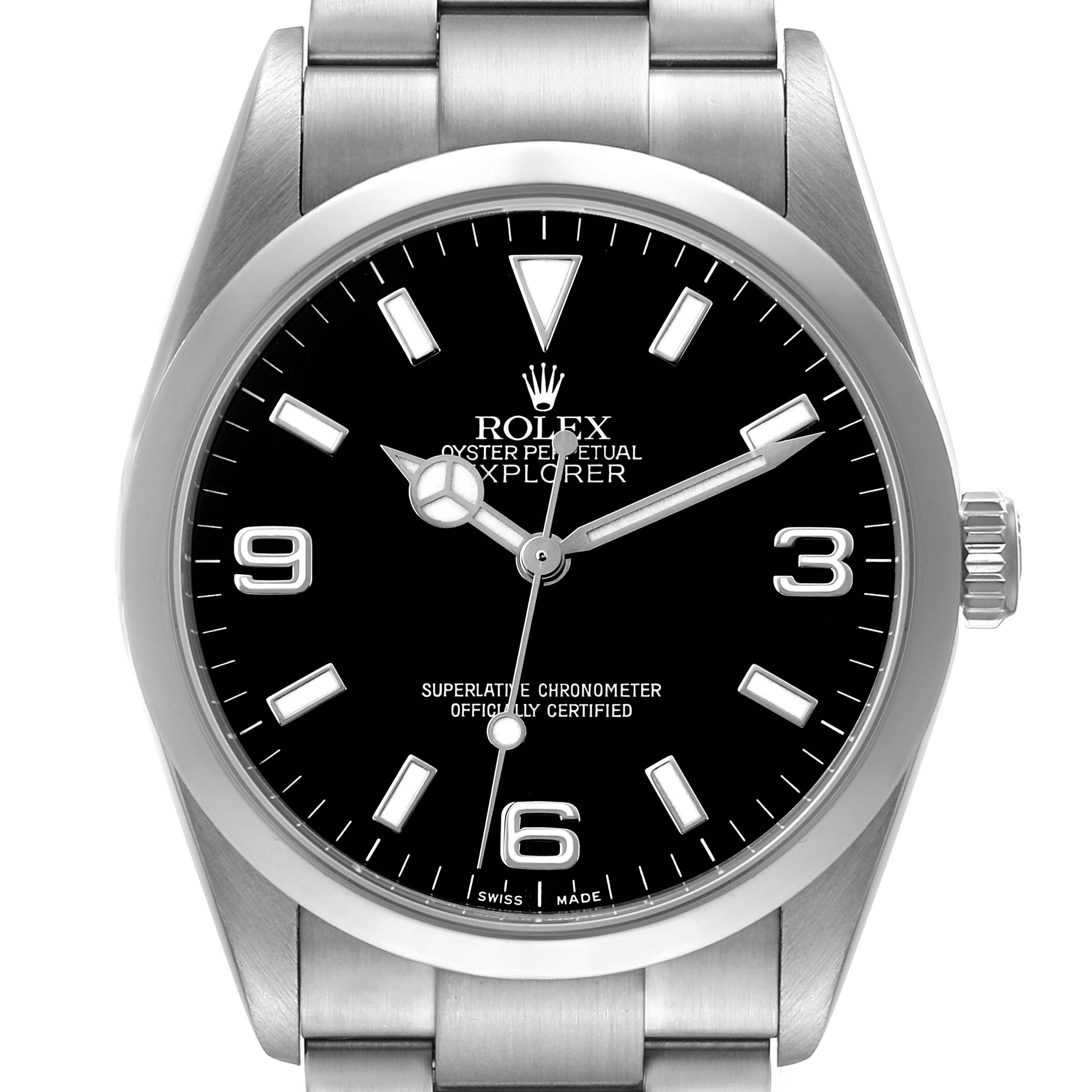 The Rolex Explorer 114270 Men's Stainless Steel Black Dial watch is shown from a front angle, highlighting its dial, bezel, crown, and part of the bracelet.